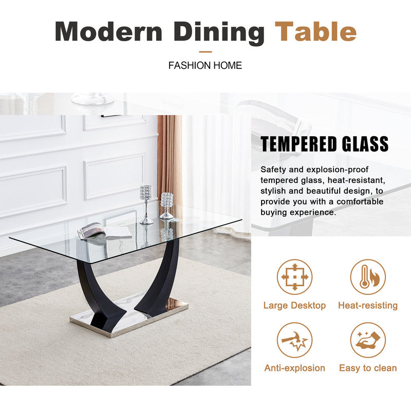 Sudica Modern Glass Dining Table, 67 inch Large Dining Room Table with Black U shape Base for Kitchen