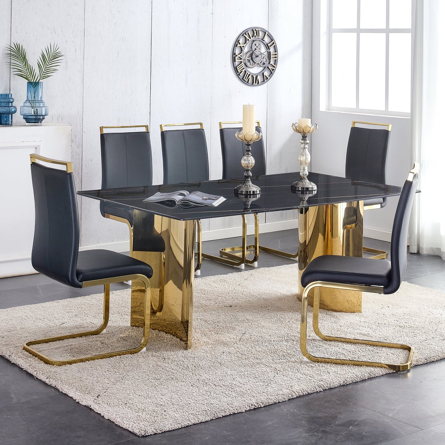 Sudica 7 Pcs Dining Table Set£¬71" Faux Marble Black Rectangular Dining Table and Upholstered PU Leather Dining Room Chairs for Kitchen,Black