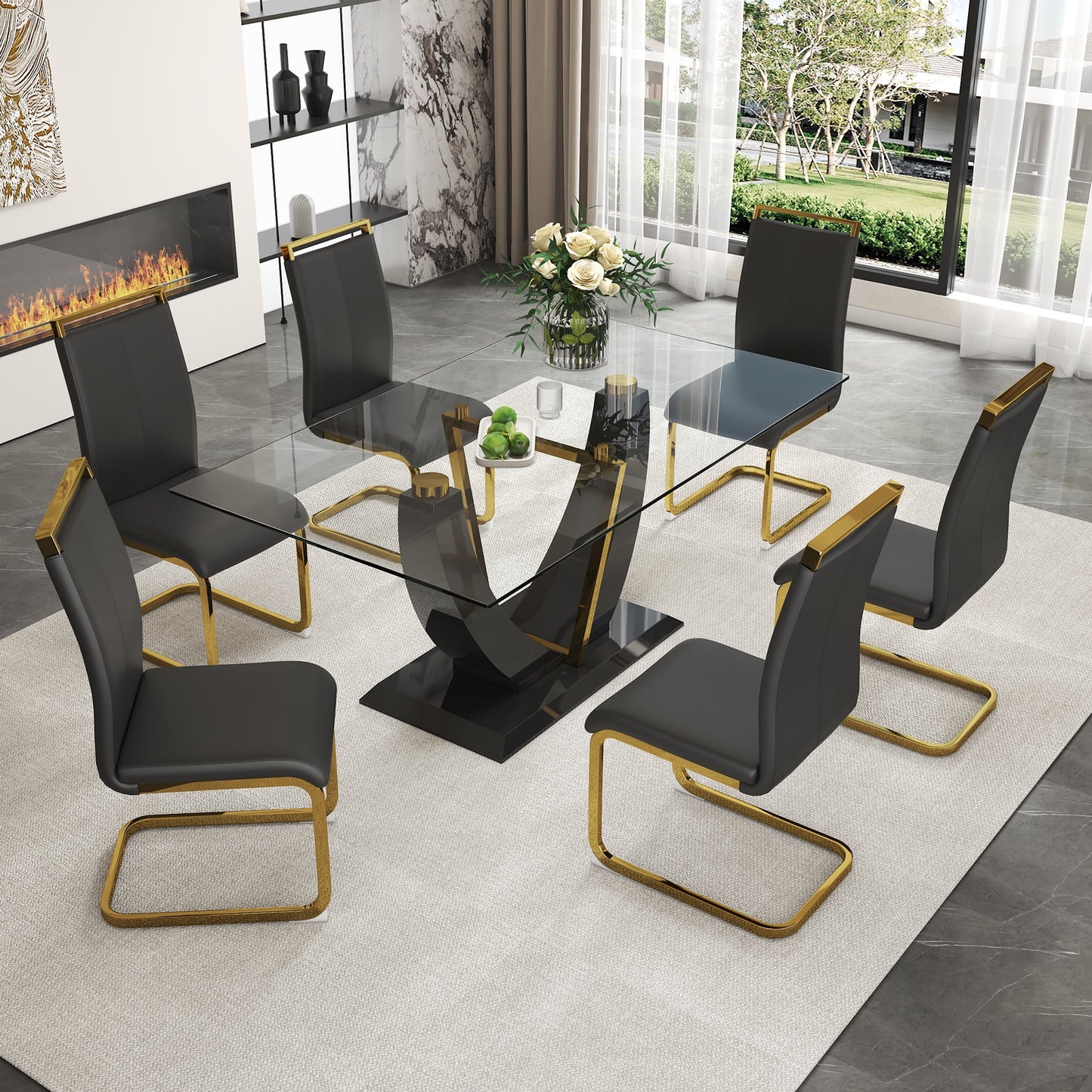 Sudica 63" Dining Table Set for 6, Modern Rectangular Glass Dining Table with PU Leather Upholstered Dining Room Chairs,Black