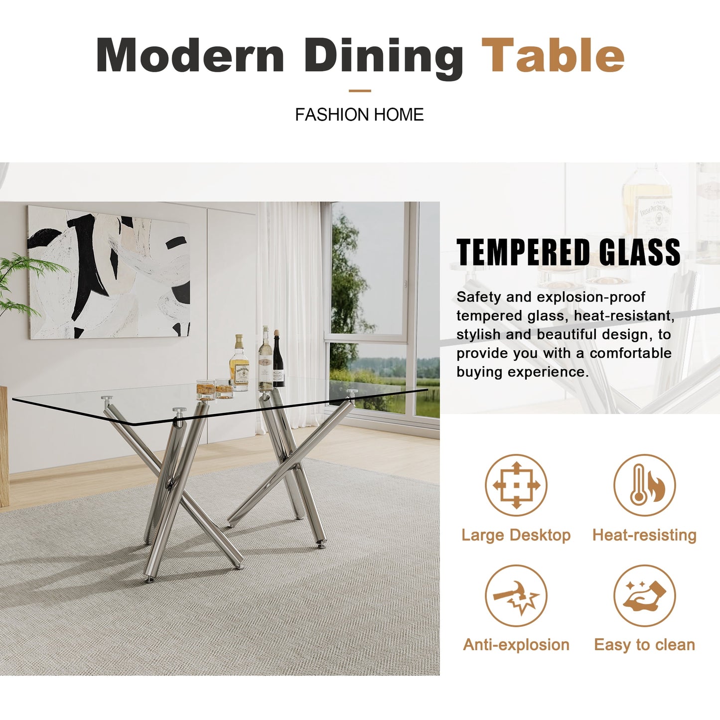 Sudica Glass Dining Table for 6-8 People 70.9" Modern Rectangular Kitchen Table with 0.39" Tempered Glass Tabletop,Chrome Metal Legs,Silver