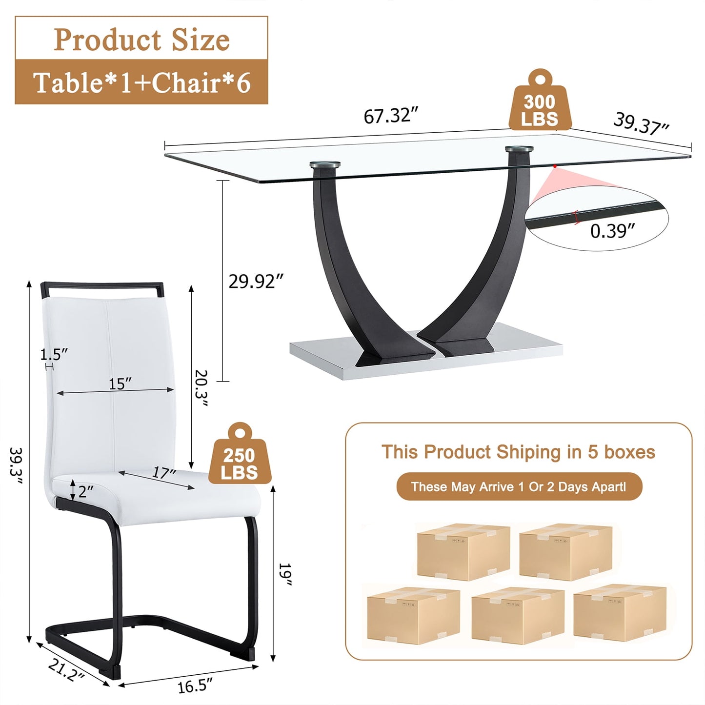 7-Piece 67"Glass Dining Table Set, Sudica Modern Table & Chair Set with 6 PU Leather Padded Dining Chairs, White