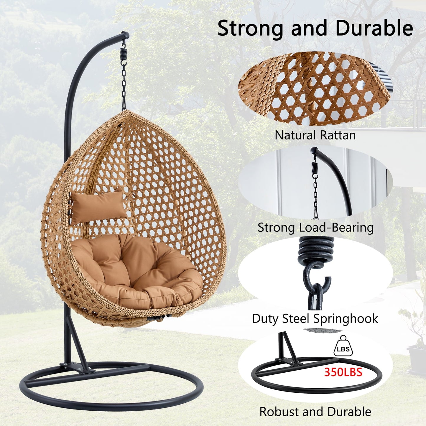 Sudica Egg Swing Chair with Stand Patio Soft Cushion Rattan Wicker Hanging Egg Chair for Bedroom, Garden 350lbs Capacity, Light Browm