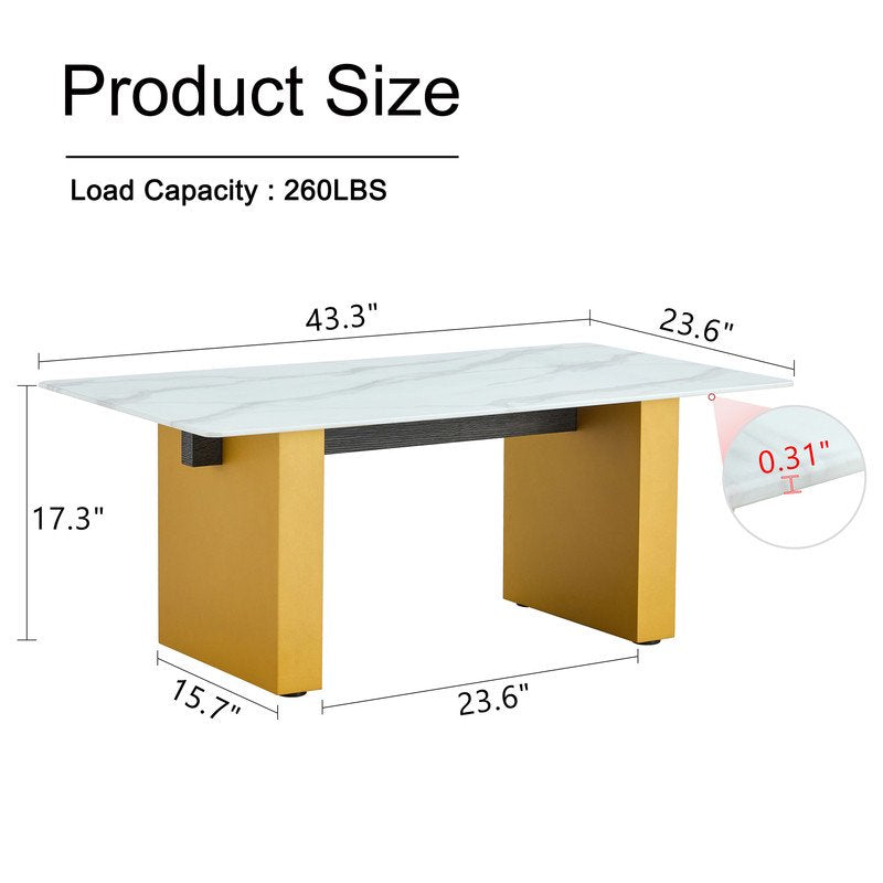 Sudica Rectangular Coffee Table, 43 inch Modern Tea Table with Marble Patterned Tabletop and Golden Legs for Living Room