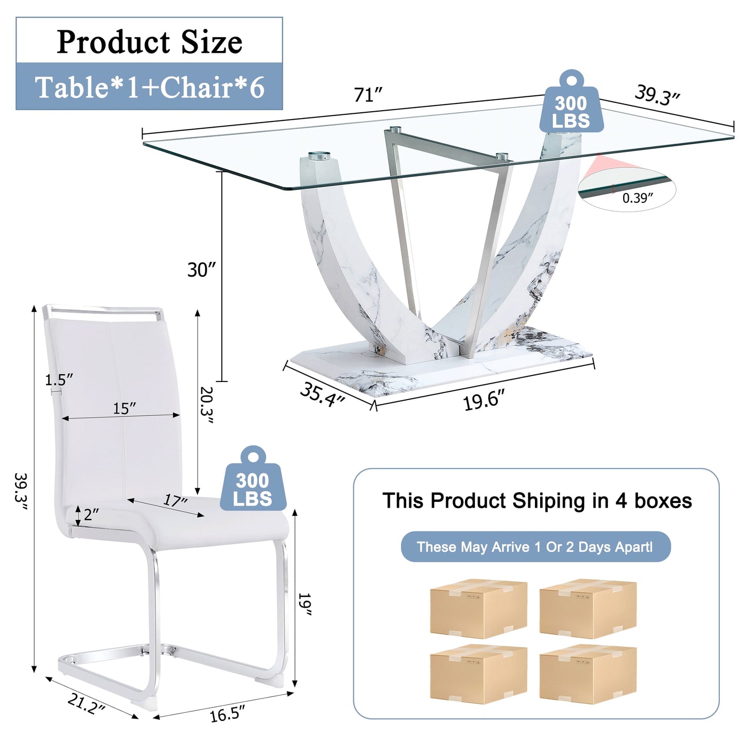 Sudica Glass Dining Set for 6, 71 inch Rectangular Glass Table with Upholstered Dining Room Chairs,White