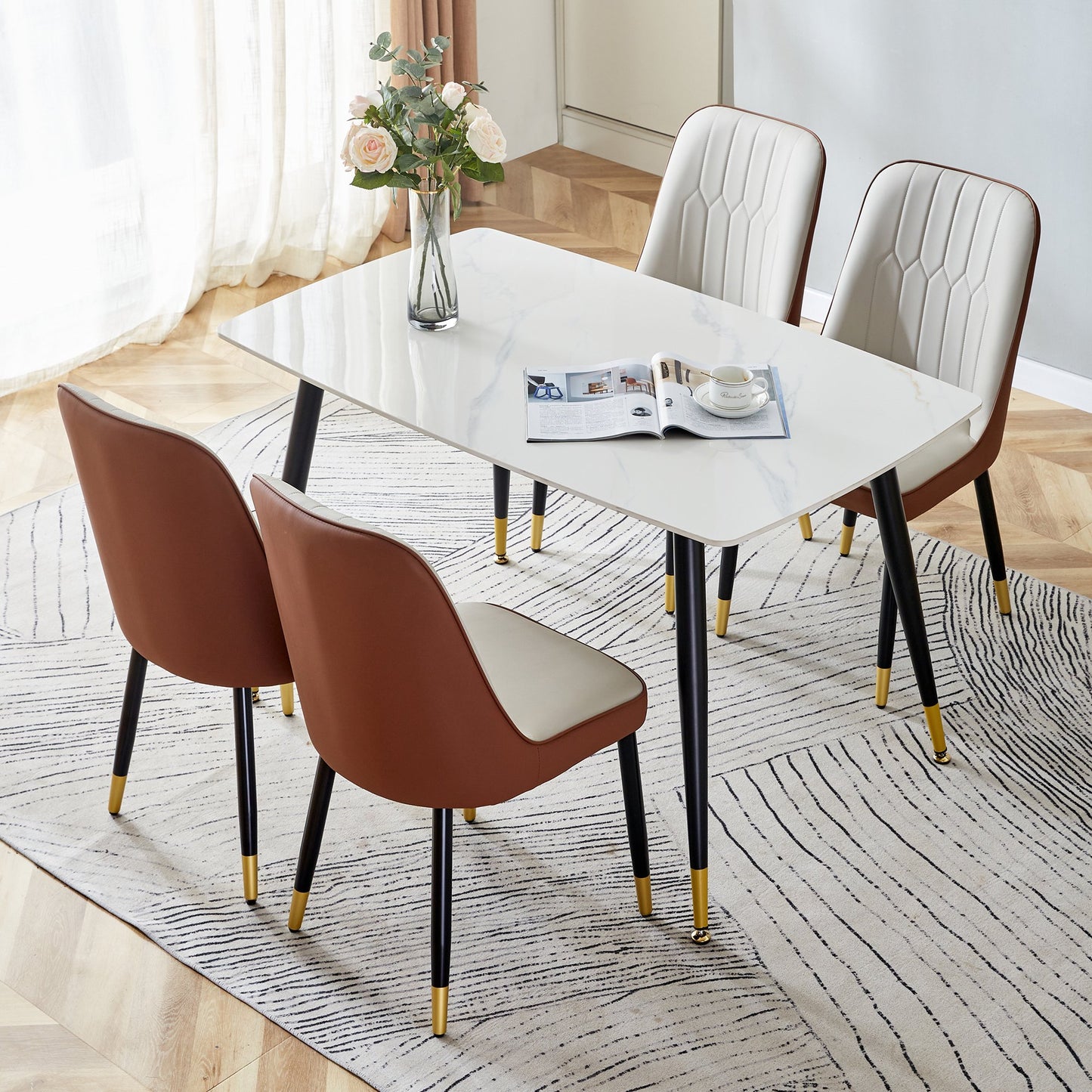 Sudica 5-Piece Compact Dining Table Set,White Dining Tabletop with 4 Faux Leather Dining Room Chairs, Brown