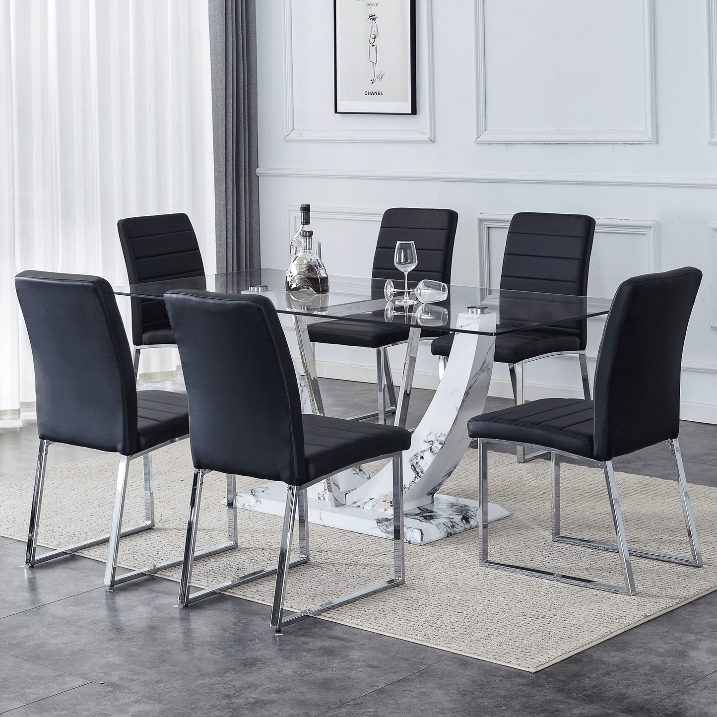 Sudica 7 Pieces Dining Set, 71" Large Glass Dining Table with Marble U Shape Base, Black PU Leather Kitchen Chairs