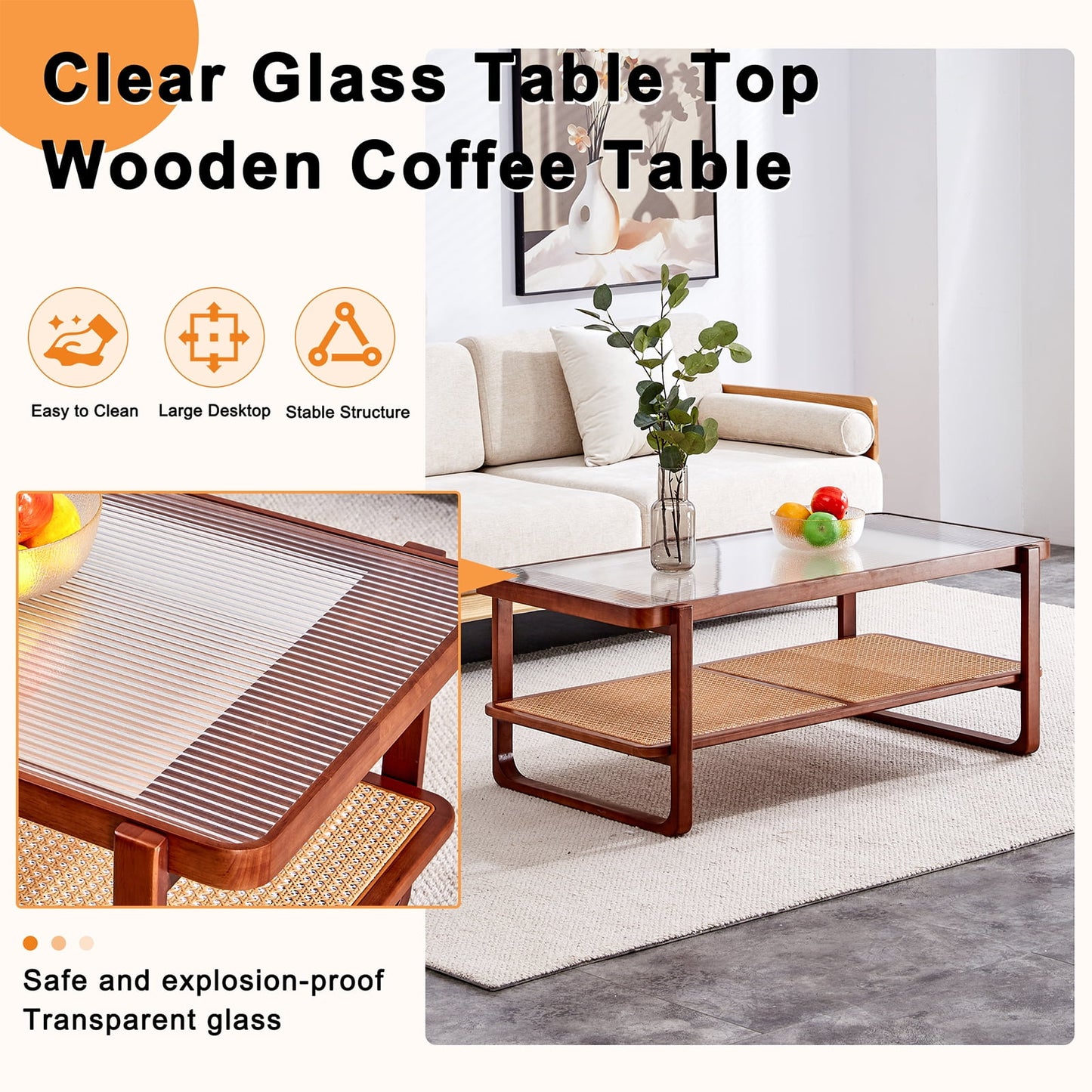 Sudica Rattan Coffee Table with Glass Top Wooden Rectangular Coffee Table with Storage Shelf,Walnut