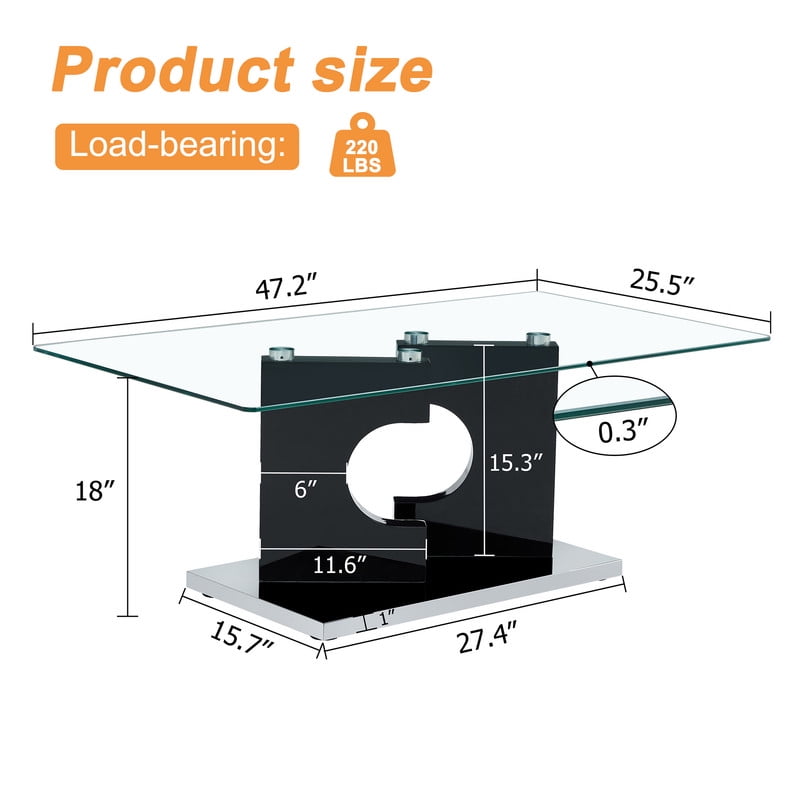 Sudica Glass Rectangular Coffee Table, 47 inch Modern Tea Table with Tempered Glass Tabletop and Black Legs for Living Room.