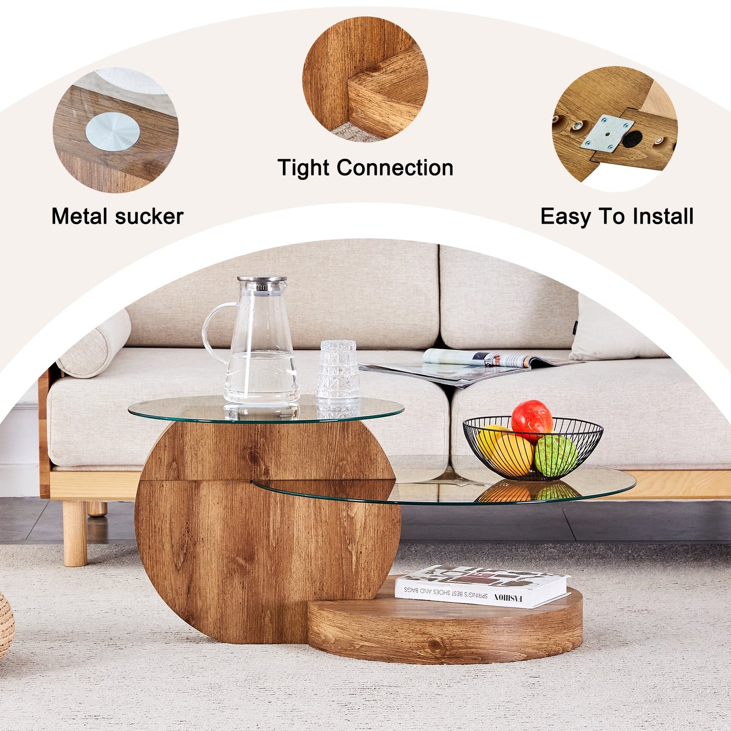 Sudica Modern Coffee Table with Double-layer Round Glass Tabletop，27 inch Tea Table with Dark Wood Grain Base,Center Table for Living Room