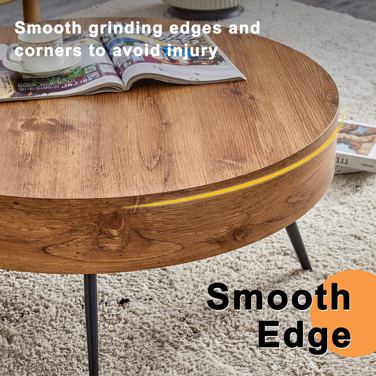 Sudica Coffee Table Wooden Round Modern Coffe Table with Black Legs for Living Room, 31.5 Inch