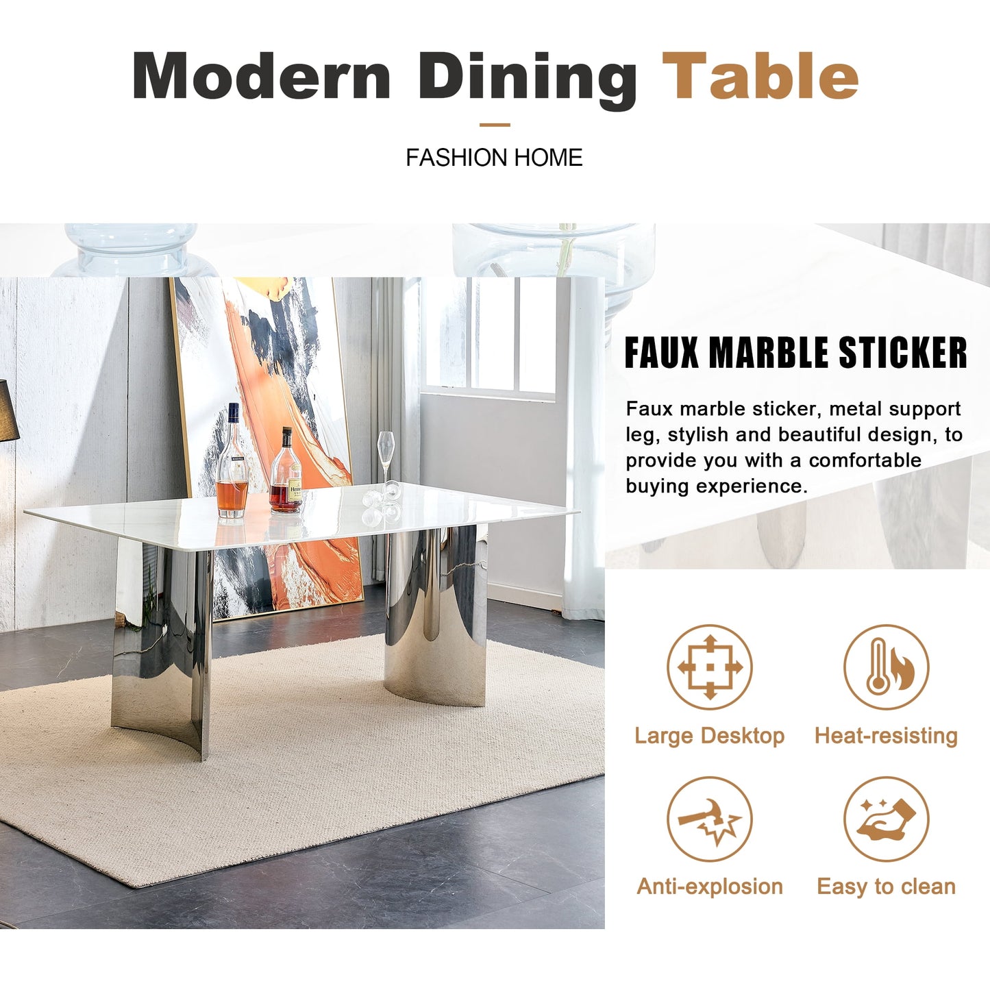 Sudica Marble Dining Table,71" MDF Kitchen Table with Chrome Plate Metal Base for 6-8 People,White