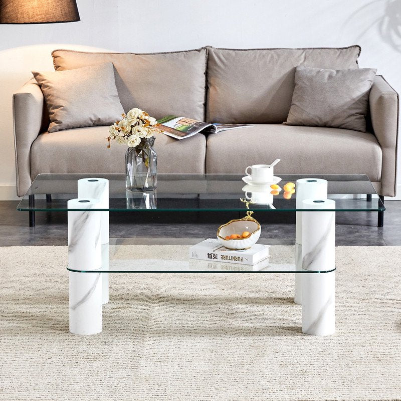 Modern Minimalist Double Layered Transparent Tempered Glass Coffee Table,47 inch Sudica Rectangular Tea Table with White Legs