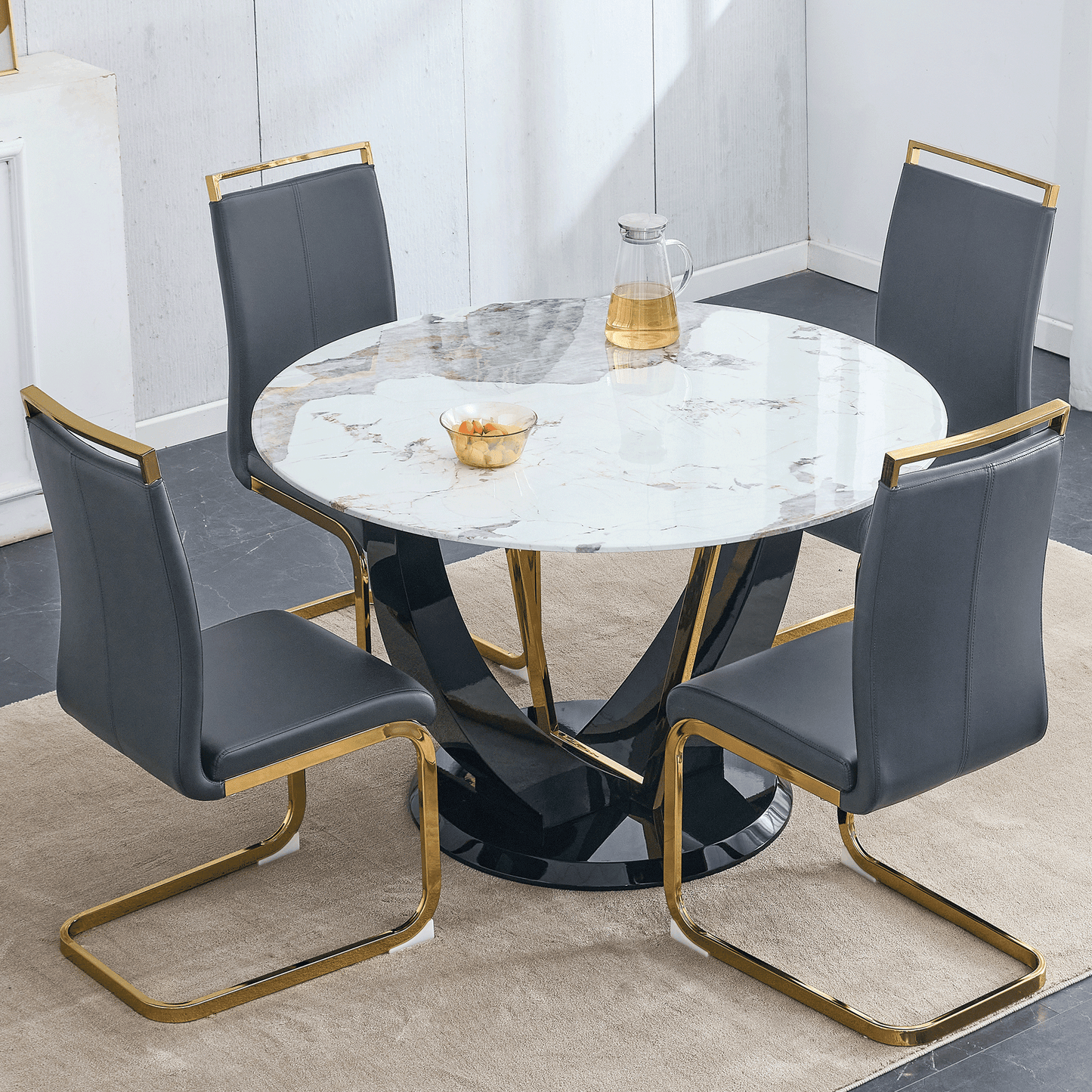 Sudica Round Dining Set for 4, 48" Round Marble Dining Table with PU Leather Dining Chairs, Gold Legs, Gray