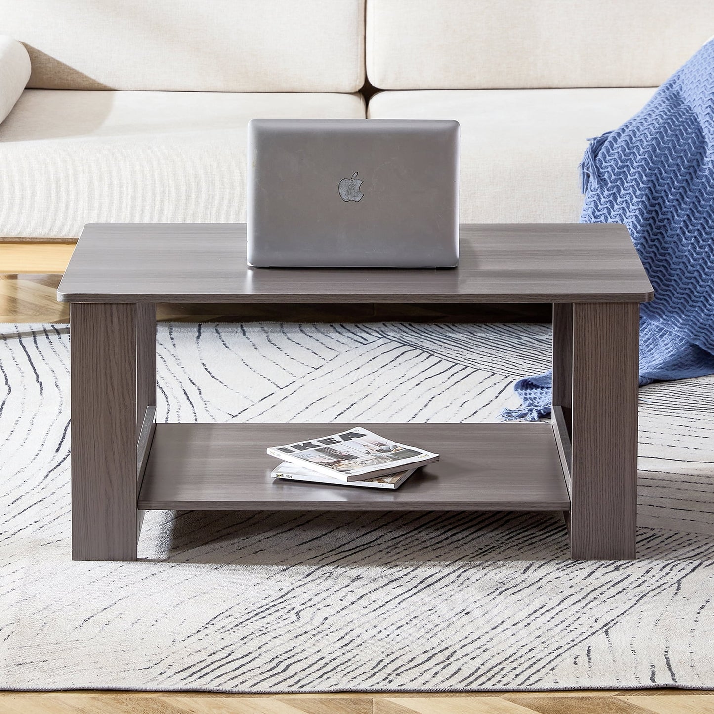 Sudica 35.4" Coffee Table with Storage Shelf Rectangular Rustic Wood Cocktail Table for Living Room,Gray