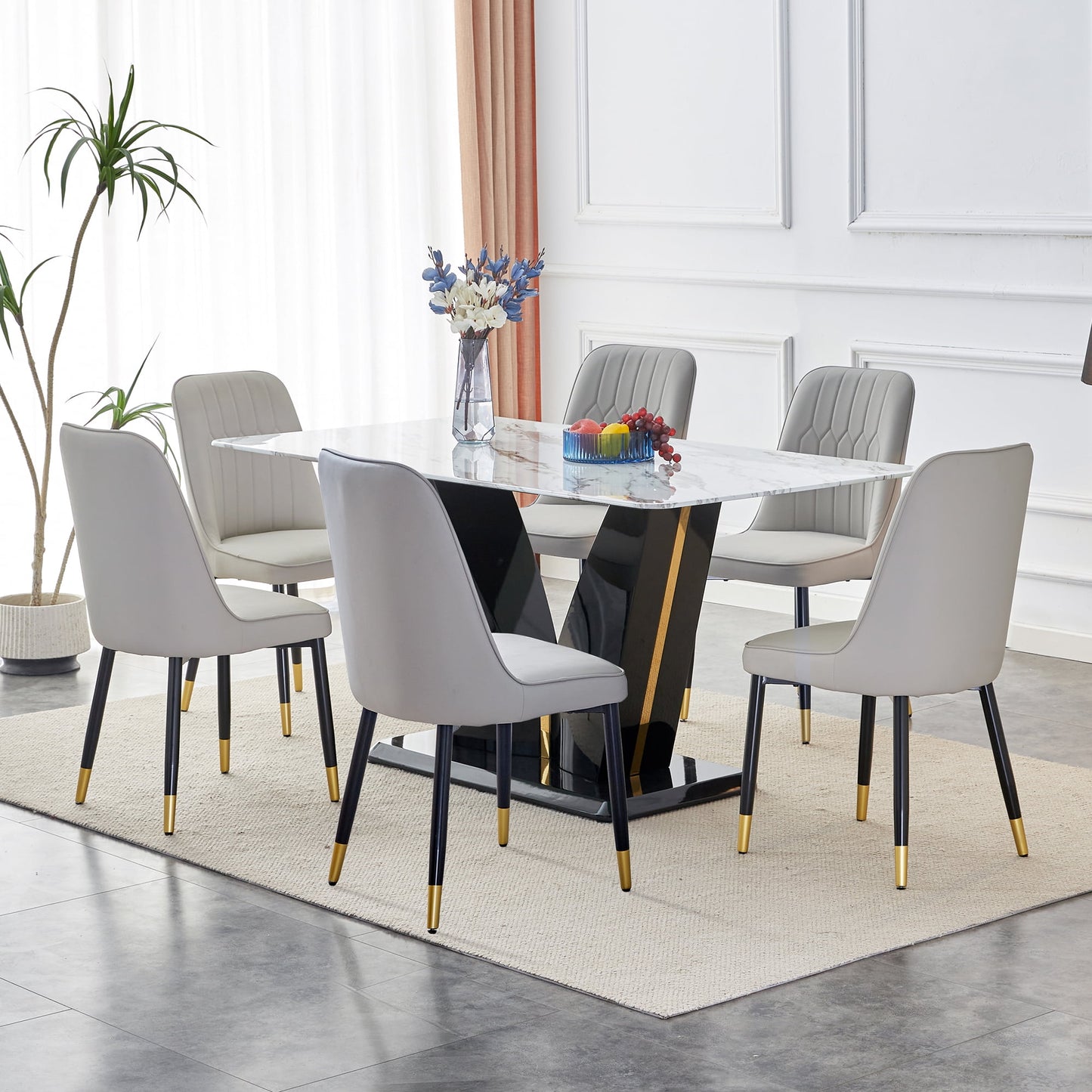 Sudica 63" Dining Table Set 7-Piece Marble Rectangular Kitchen Table & 6 Faux Leather Padded Dining Chair Set,White