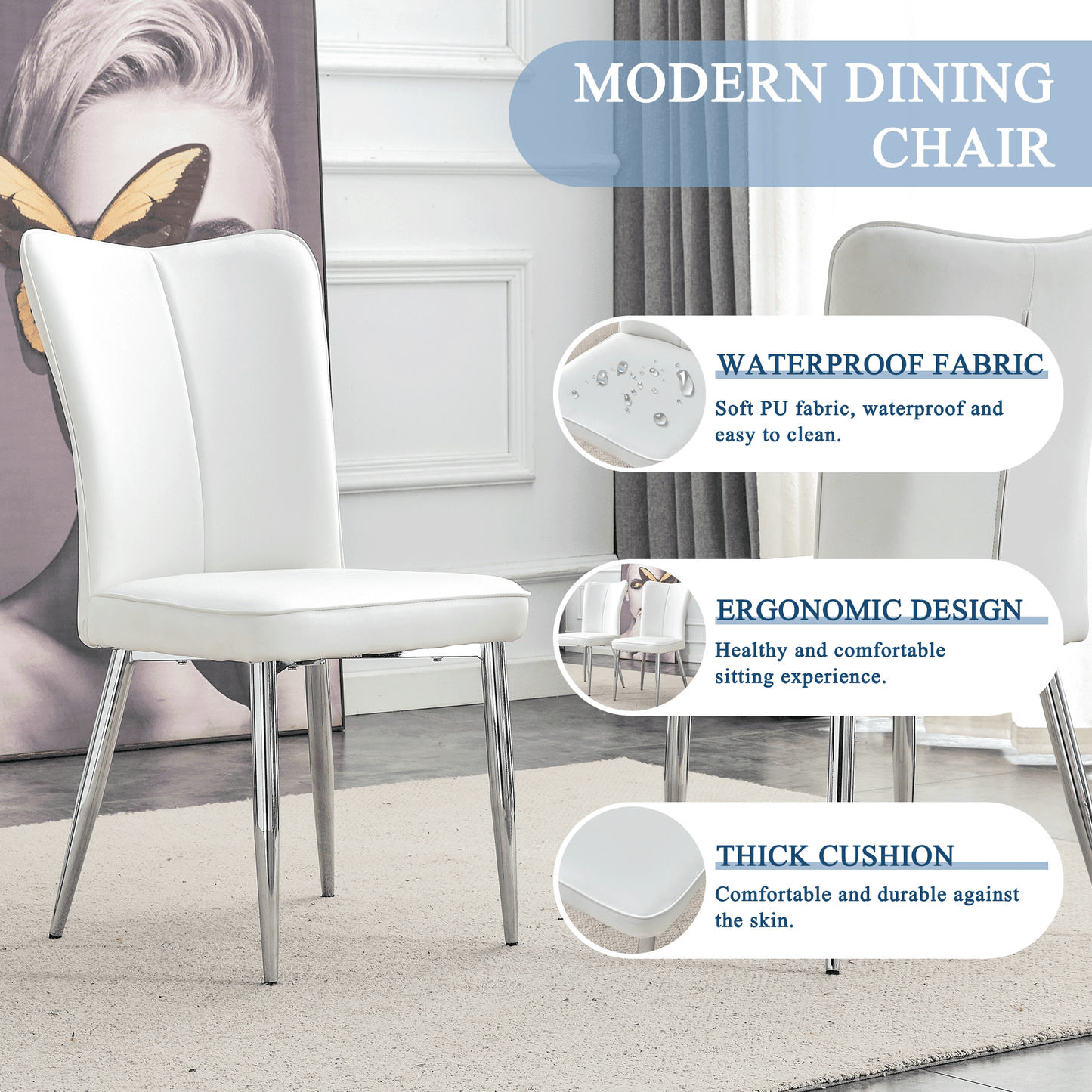 Sudica 71"Glass Dining Table with Chairs for 6, Rectangular Glass Table with Upholstered Dining Room Chairs. White