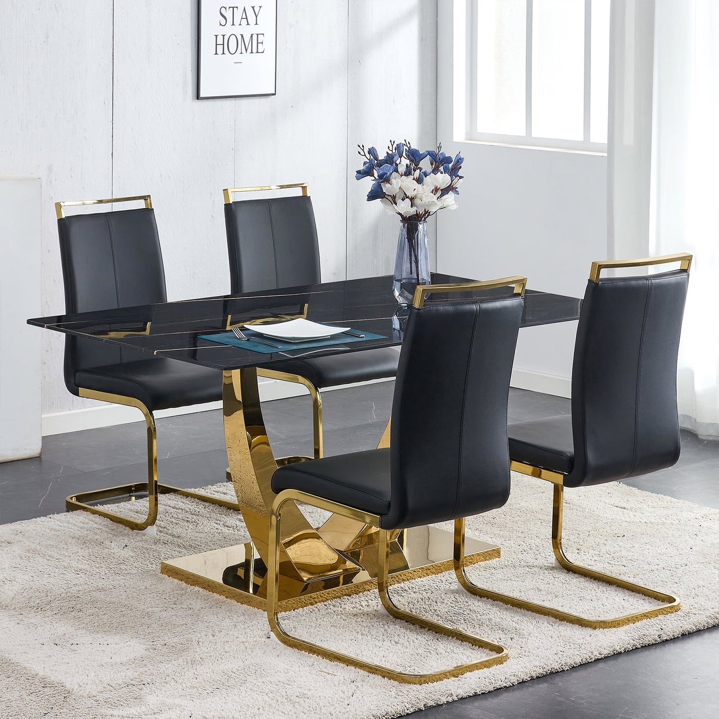 5-Piece Dining Table Set, Sudica Rectangular Faux Marble Kitchen Table with 4 Leather Gold Legs Dining Chairs, Black