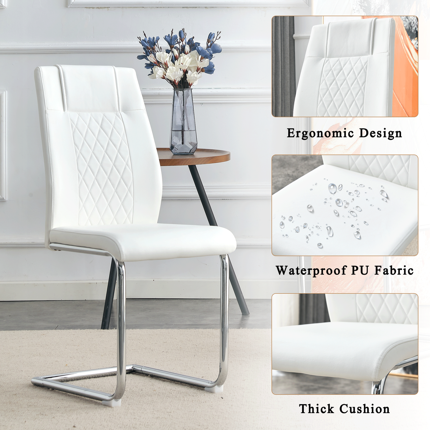 Sudica Upholstered Dining Chairs Set of 6 PU Leather Dining Room Chair with Silver Metal Legs，White