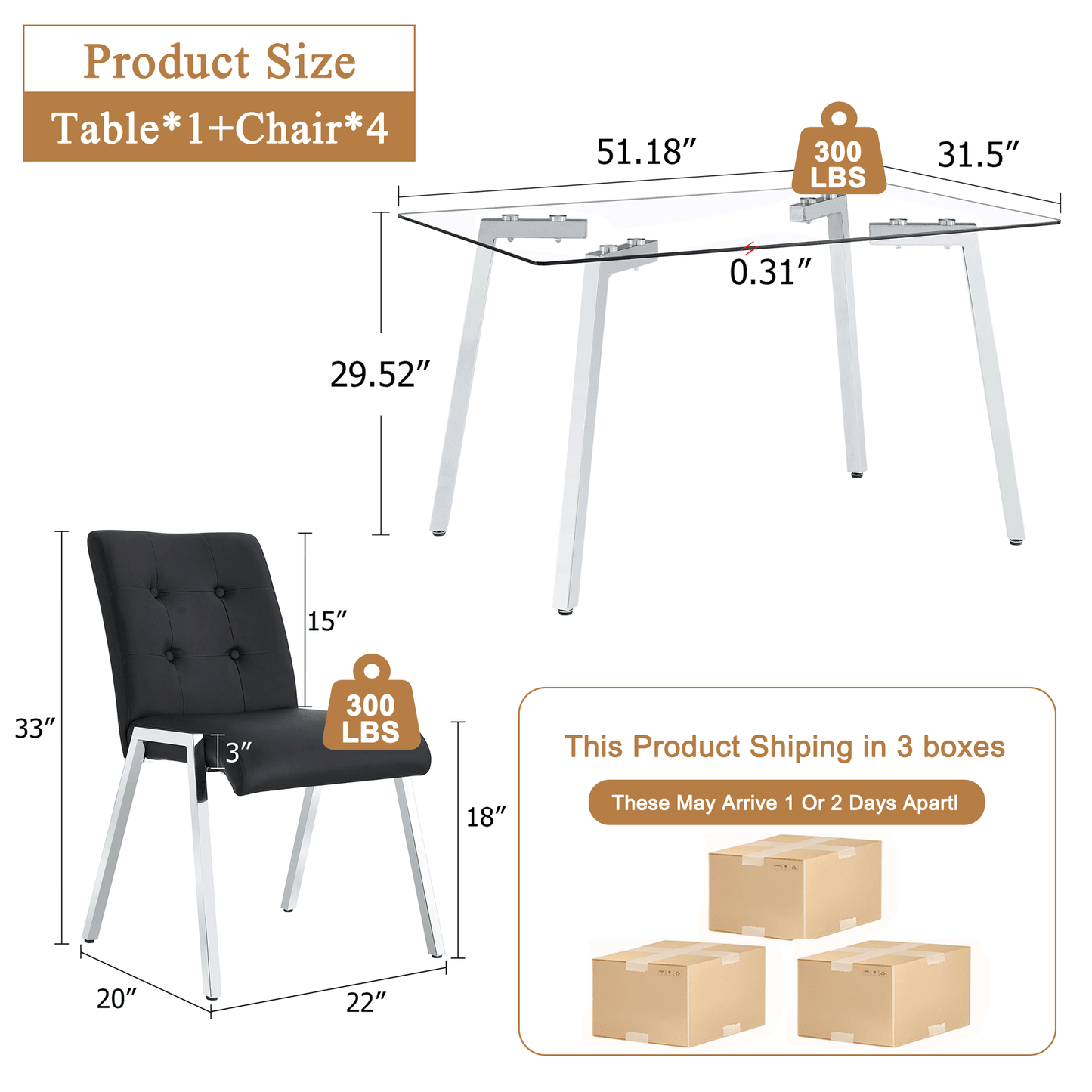 Glass Dining Table Set, Sudica Rectangular Kitchen Table with Upholstered Faux Leather Dining Room Chairs, Black