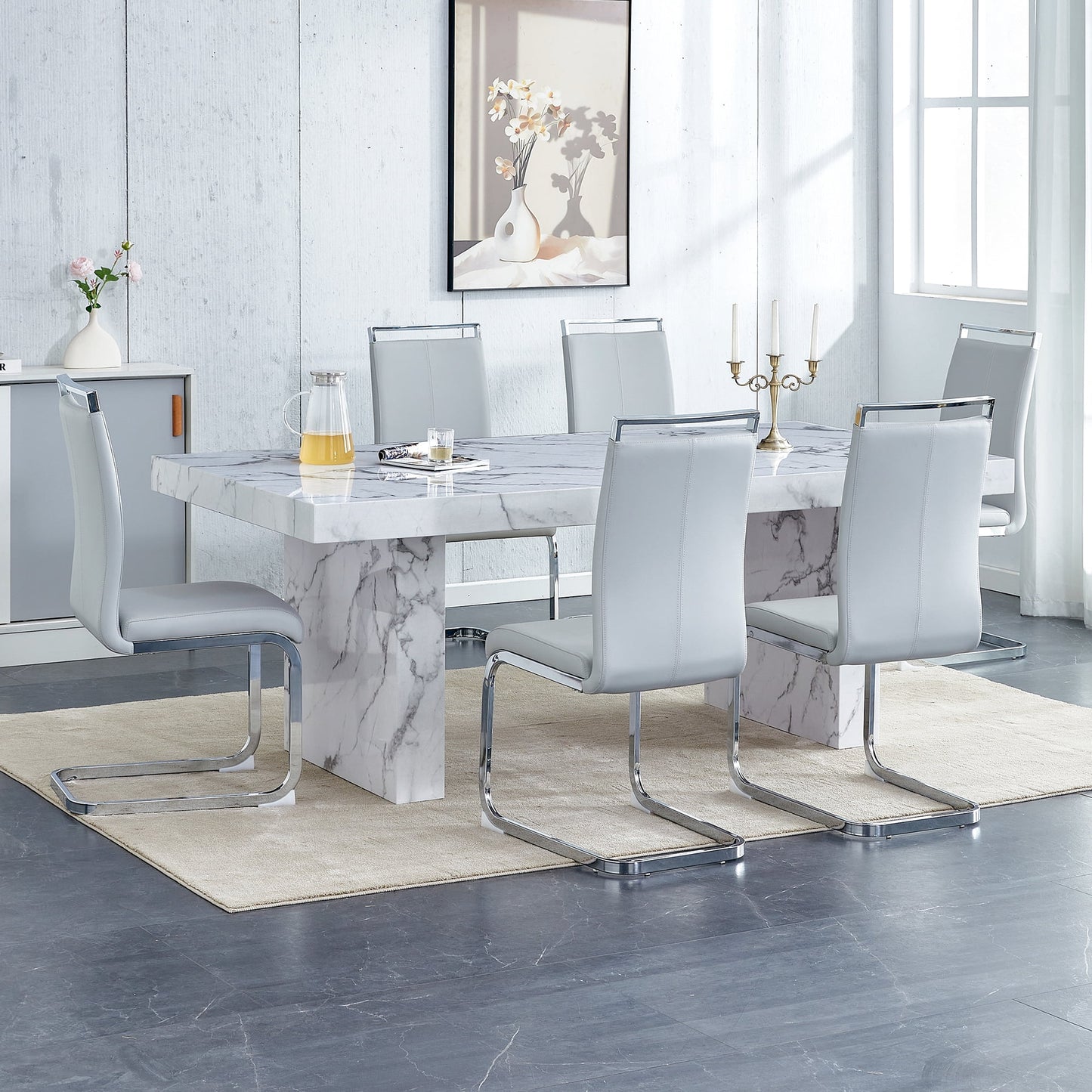 Sudica Dining Table and Chairs Set, 78" Faux Marble Dining Table with Leather Kitchen Chairs for Dining Room,Light Gray