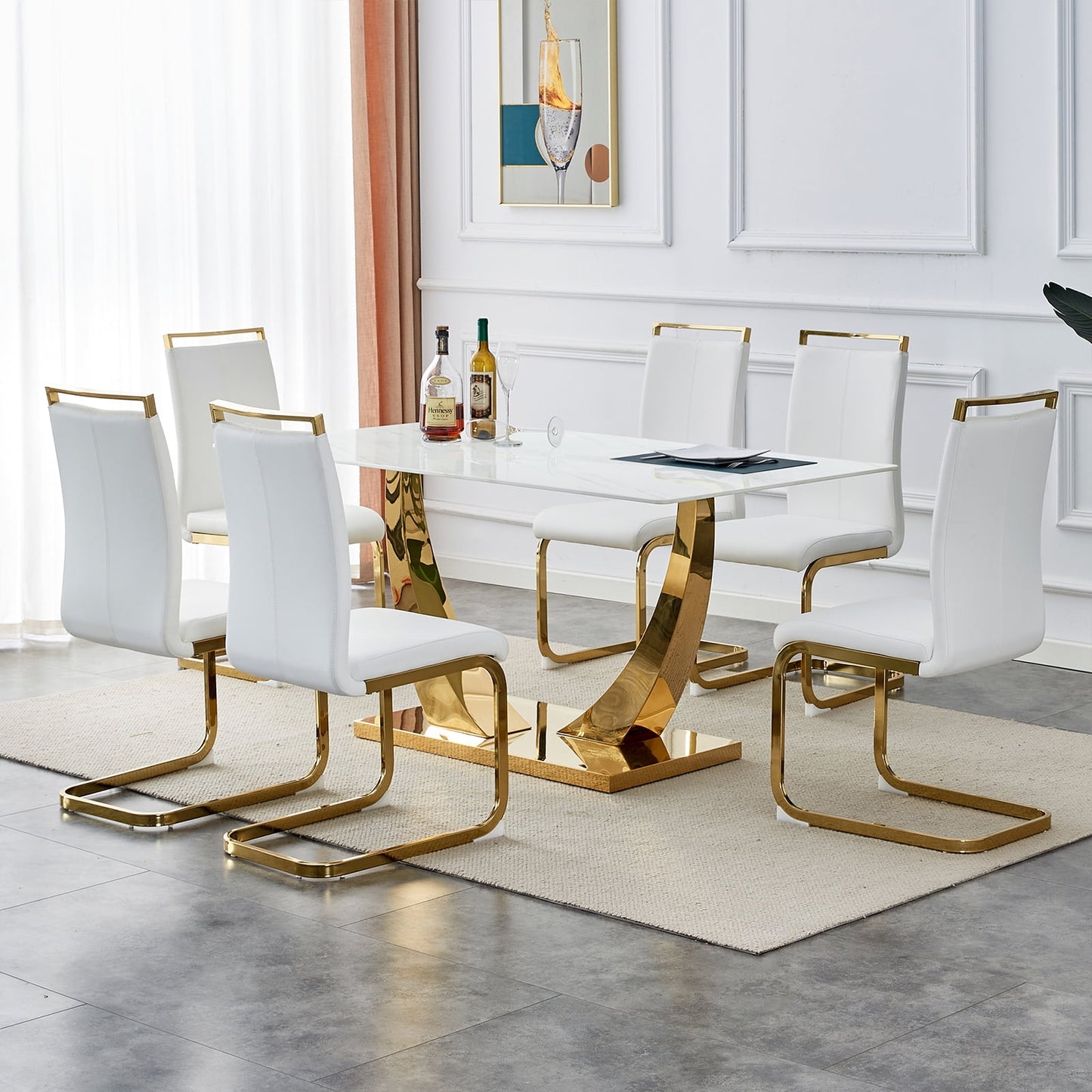 Dining Table Set for 6, Sudica Rectangular Faux Marble Kitchen Table with 4 Leather Gold Legs Dining Chairs,White