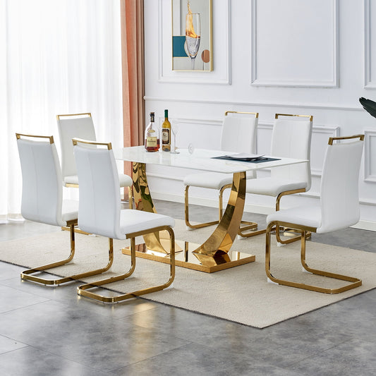 Dining Table Set for 6, Sudica Rectangular Faux Marble Kitchen Table with 4 Leather Gold Legs Dining Chairs,White