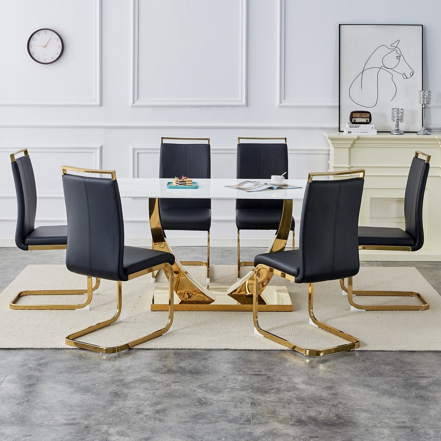 Dining Table Set for 6, Sudica Rectangular Faux Marble Kitchen Table with 4 Leather Gold Legs Dining Chairs,Black