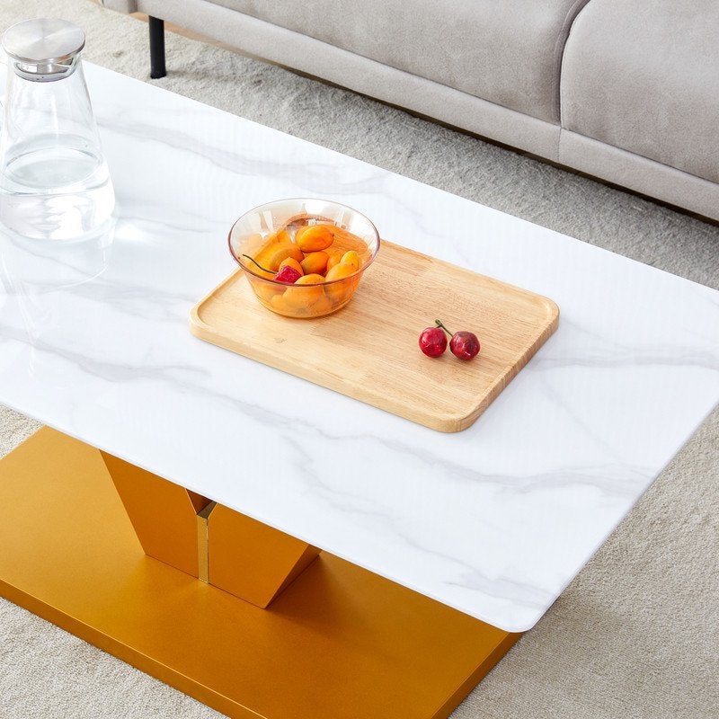 Sudica Modern Coffee Table with Tempered Glass Tabletop, 43 inch Tea Table with Golden V Shape Base for Living Room