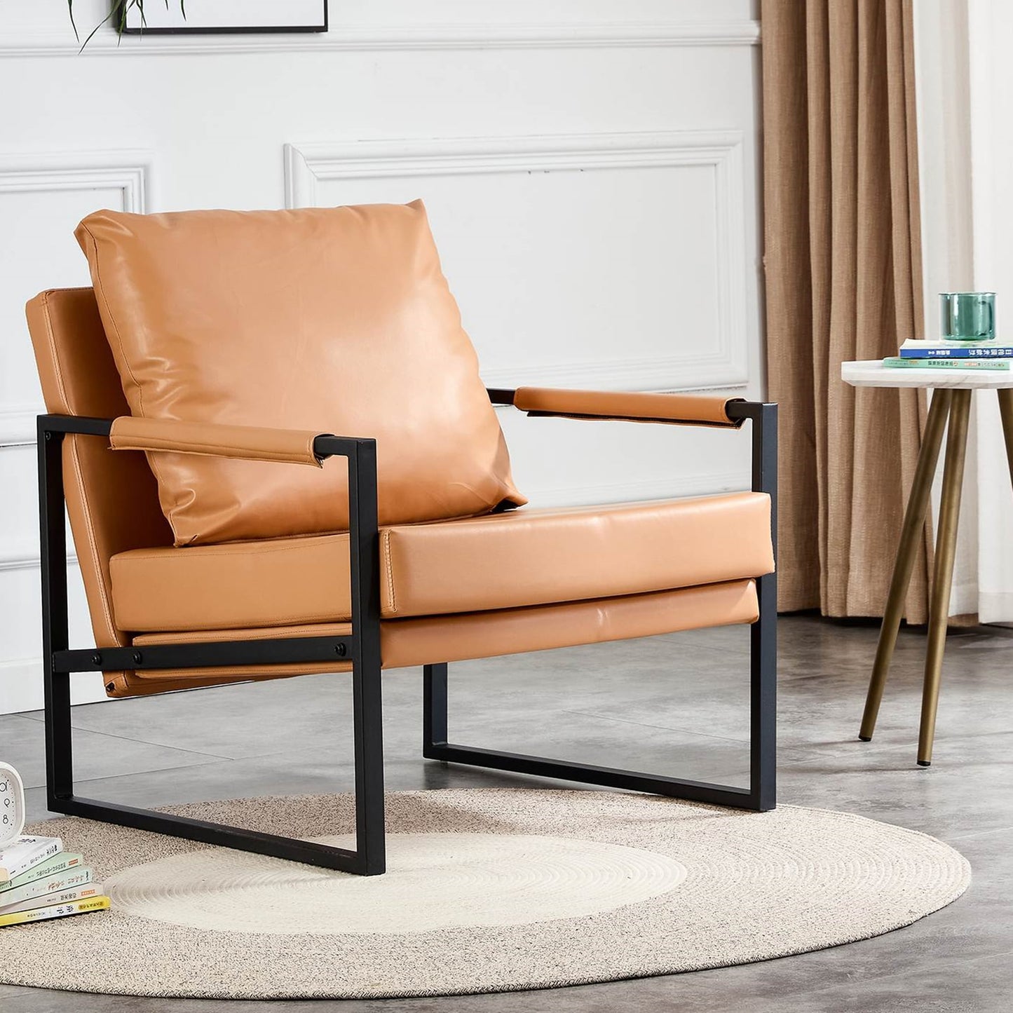 Mid-Century Accent Chair Metal Frame Faux Leather Reading Arm Chair for Living Room and Bedroom, Orange