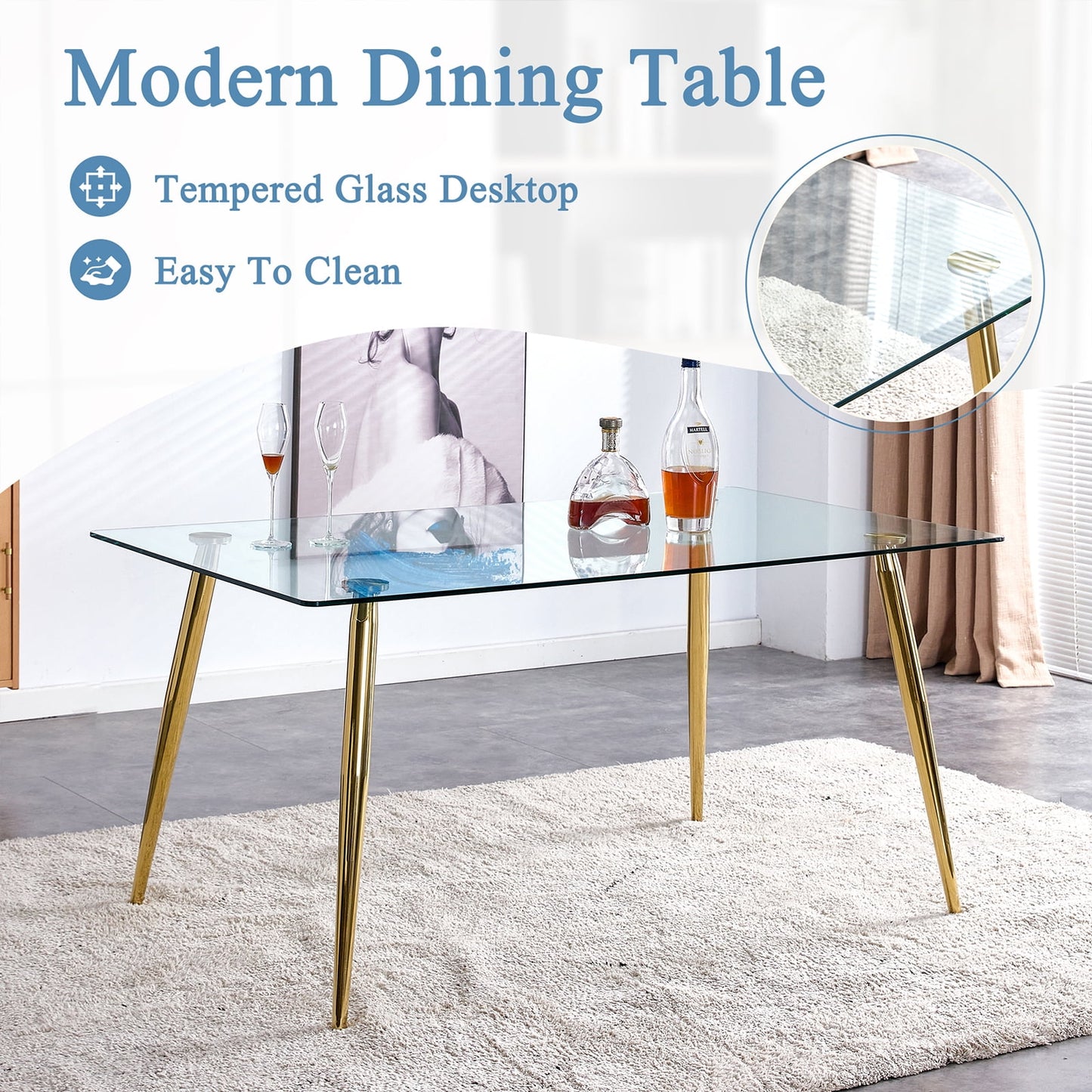 Tempered Glass Dining Table for 4, Sudica 51" Modern Rectangular Glass Kitchen Table with 4 Golden Plating Metal Legs