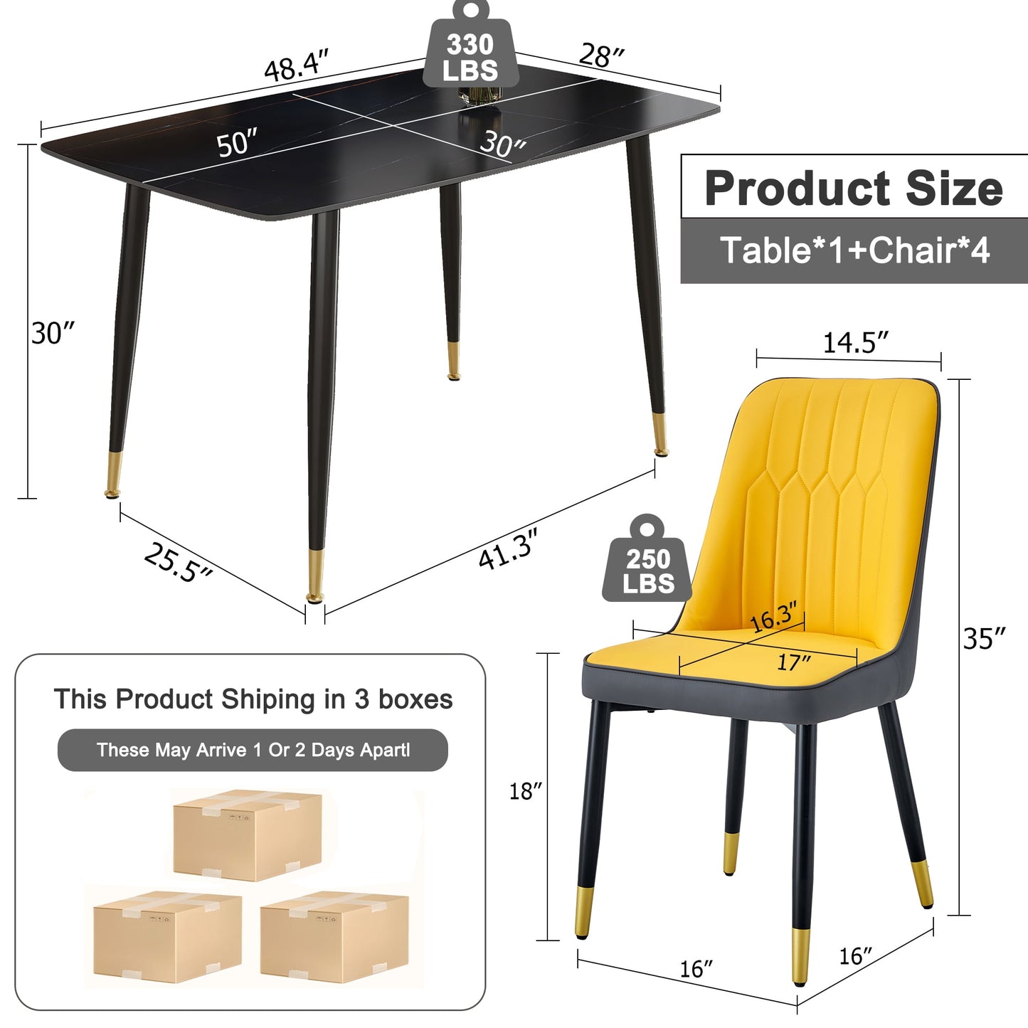 Sudica 5-Piece Kitchen Dining Table Set,Black Faux Marble Dining Tabletop with 4 Faux Leather Dining Room Chairs, Yellow