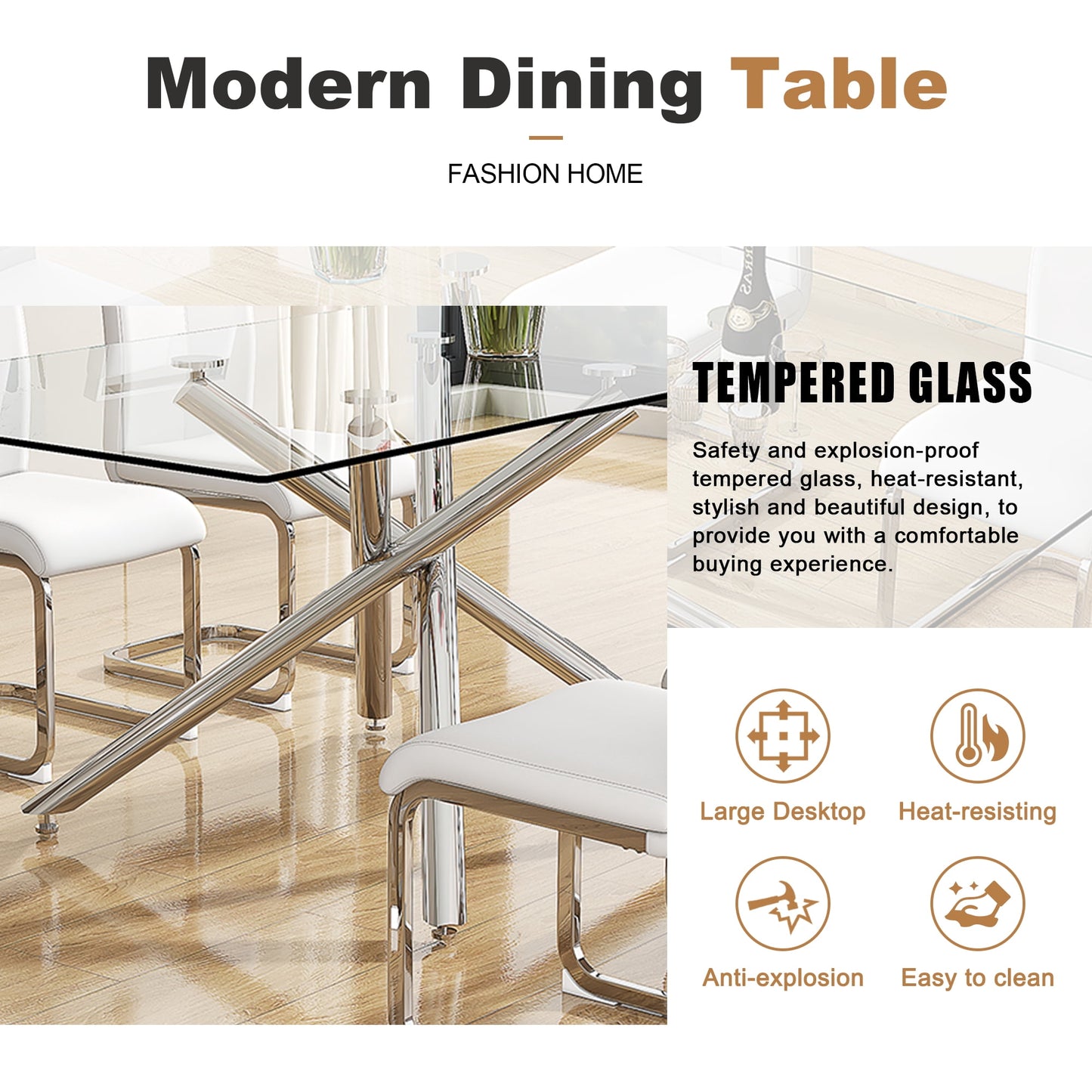 Sudica Glass Dining Table Set for 6, 71" Large Rectangular Kitchen Glass Dinner Table with Upholstered Silver Legs Dining Room Chairs, White