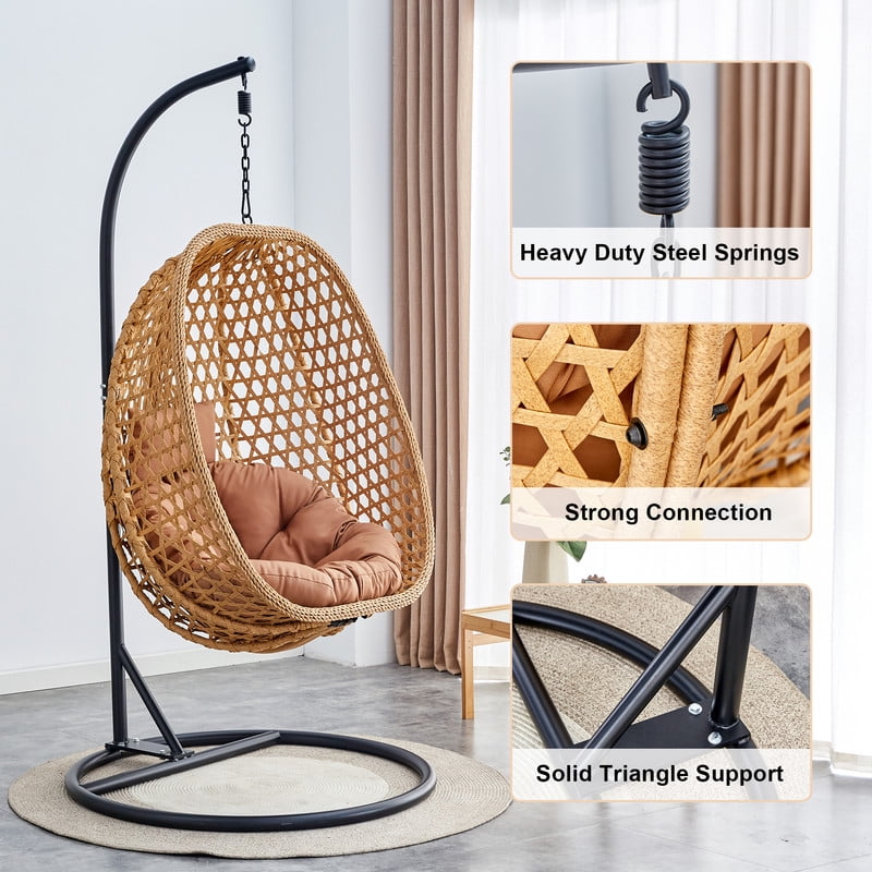 Hanging Egg Chair with Stand,Sudica Patio Soft Cushion Rattan Wicker Egg Swing Chair with Pillow for Bedroom,Balcony Backyard,Garden 350lbs Capacity,Light Browm