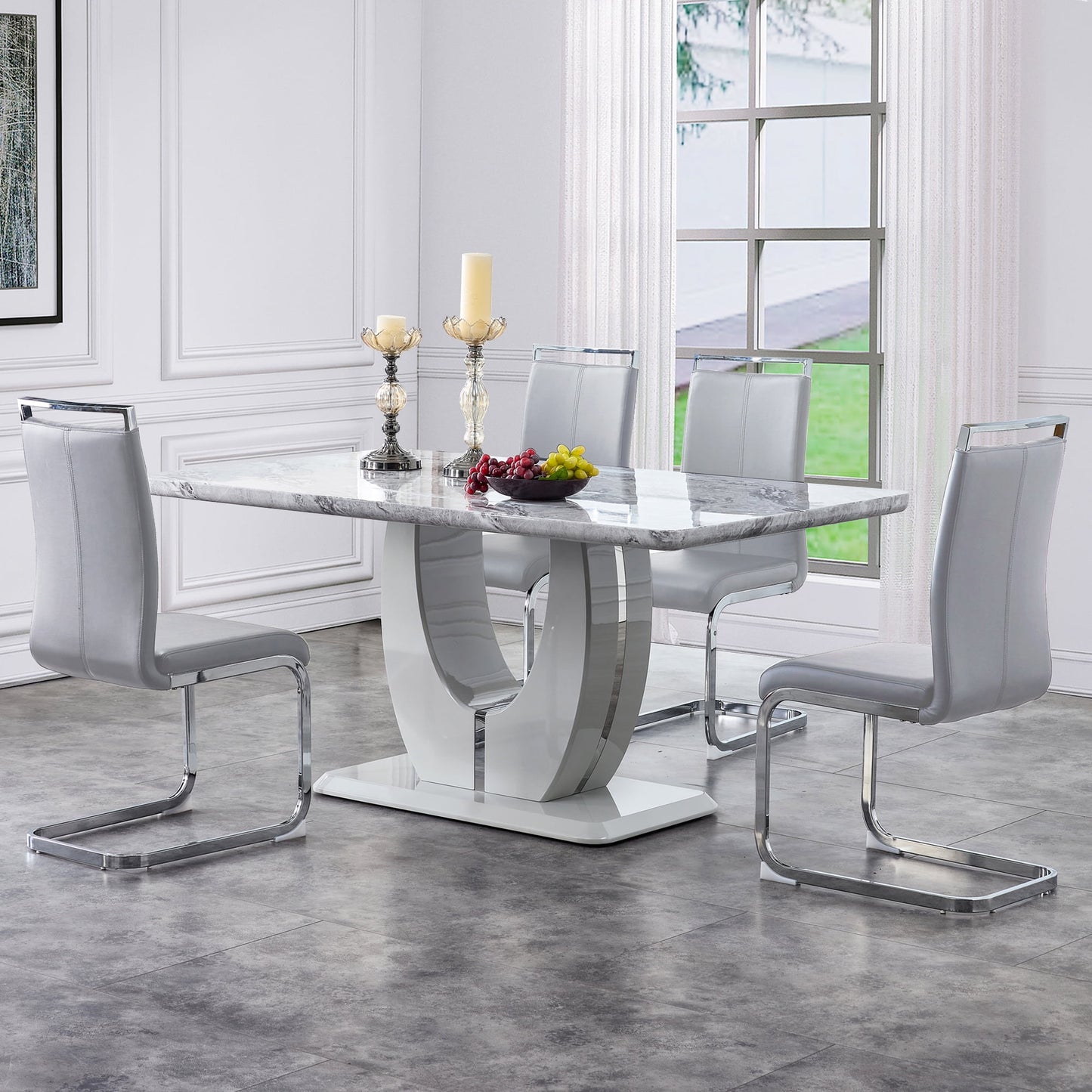 Sudica Dining Chairs Set of 4 Upholstered PU Leather Modern Kitchen Chairs with Chomon Legs, Light Gray