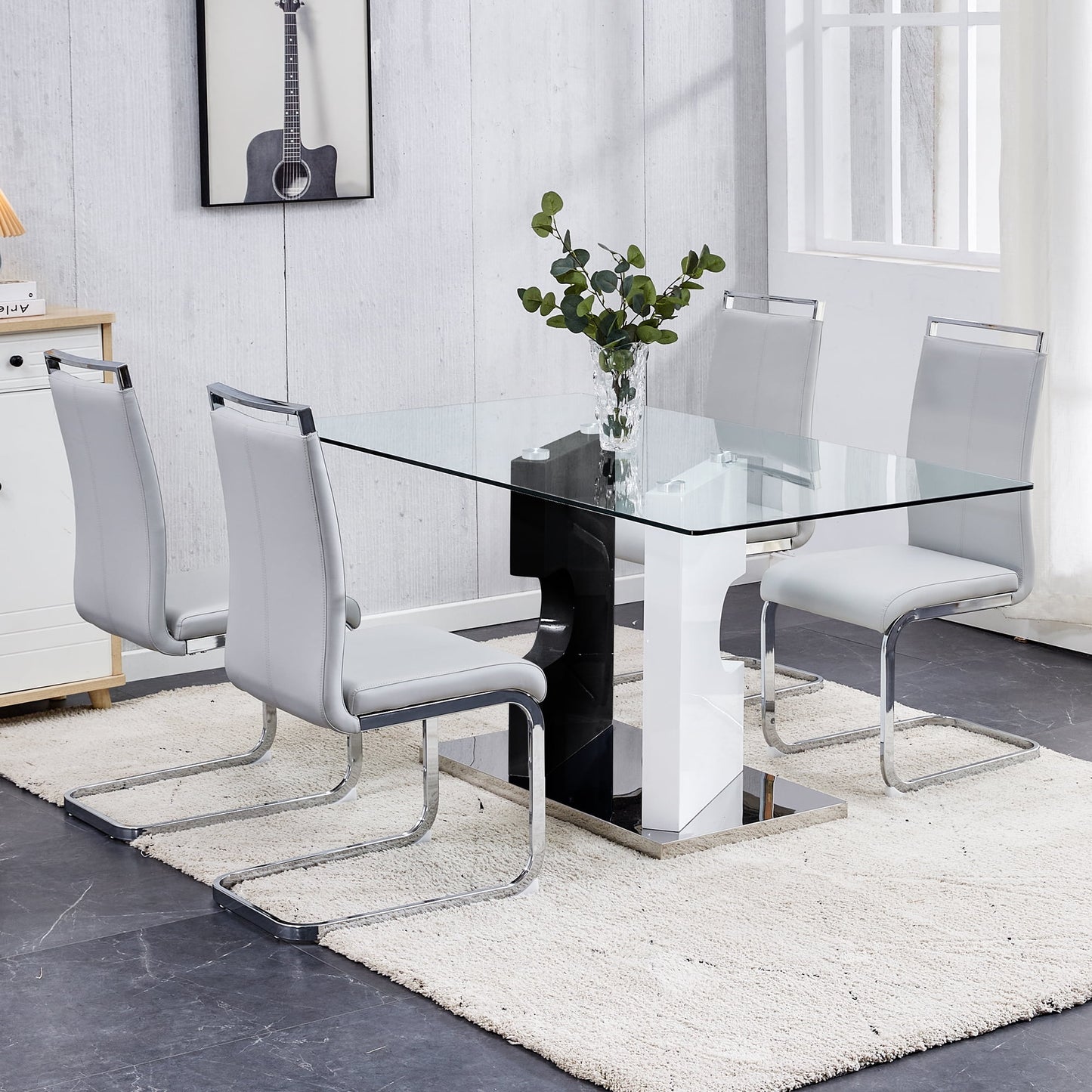 Sudica Glass Dining Table, 63" Large Dining Table with Black and White Base for Kitchen Dining Room