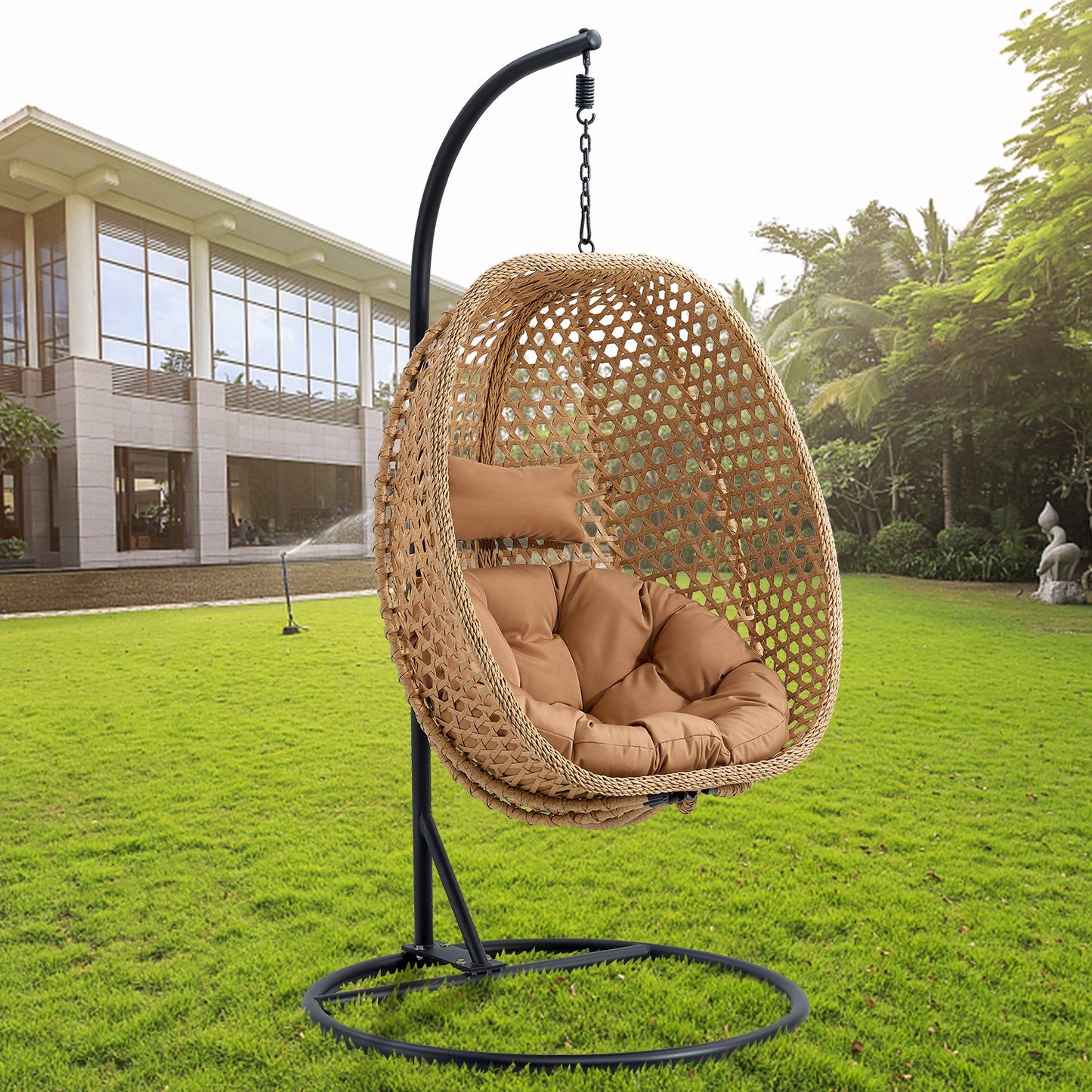 Hanging Egg Chair with Stand,Sudica Patio Soft Cushion Rattan Wicker Egg Swing Chair with Pillow for Bedroom,Balcony Backyard,Garden 350lbs Capacity,Light Browm