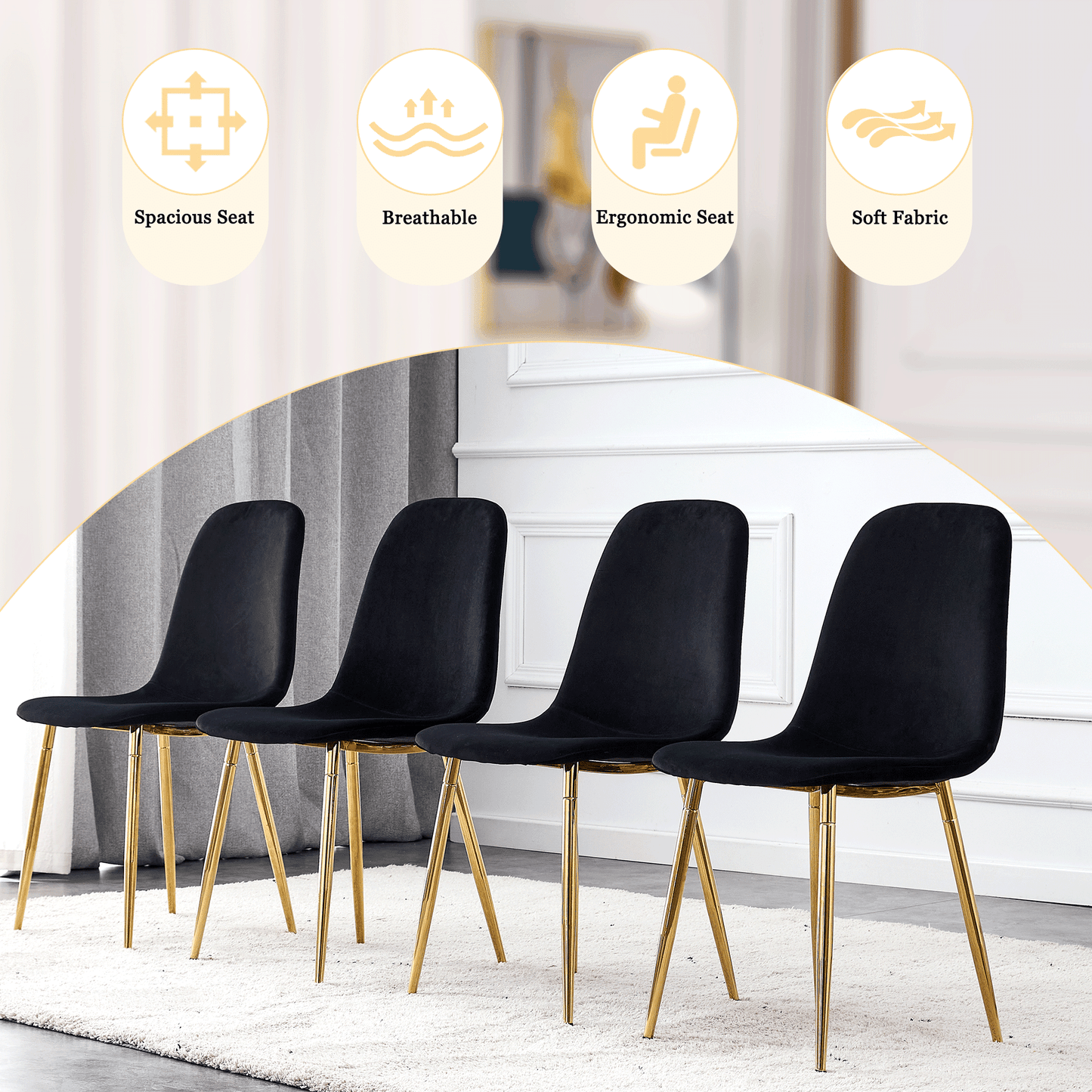 Sudica Black Dining Chairs Set of 6 Upholstered Velvet Mid-Century Modern Kitchen Chairs with Gold Chomon Legs