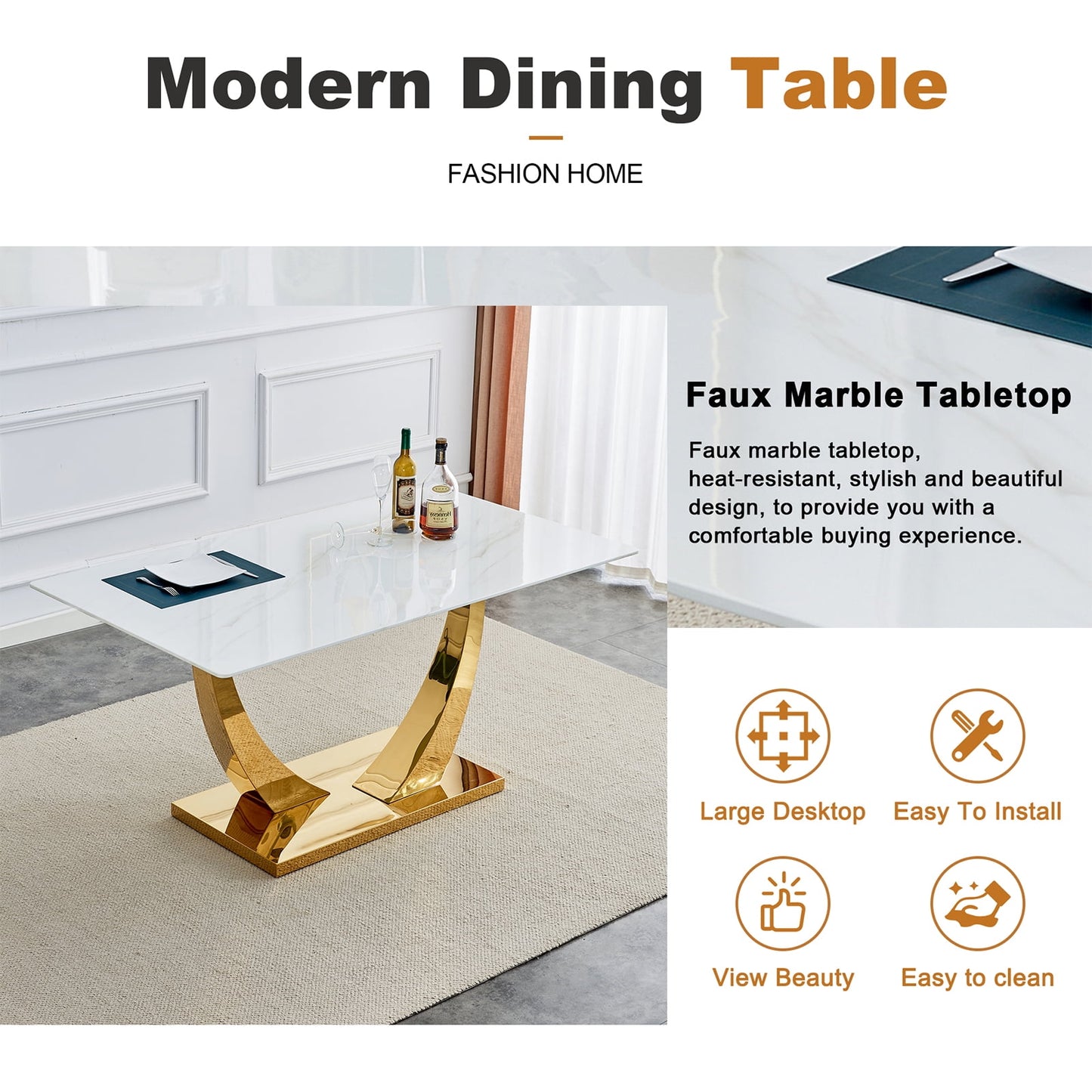 Dining Table Set for 6, Sudica Rectangular Faux Marble Kitchen Table with 4 Leather Gold Legs Dining Chairs,Light Gray