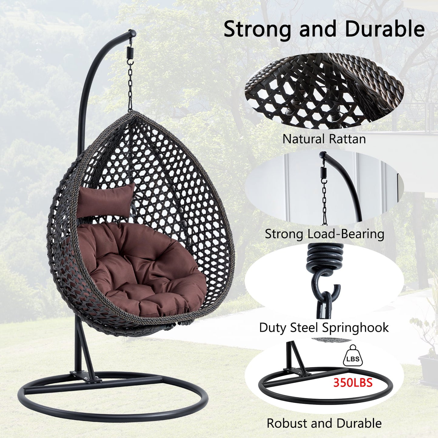 Sudica Egg Swing Chair with Stand Patio Soft Cushion Rattan Wicker Hanging Egg Chair for Bedroom, Garden 350lbs Capacity£¬ Black