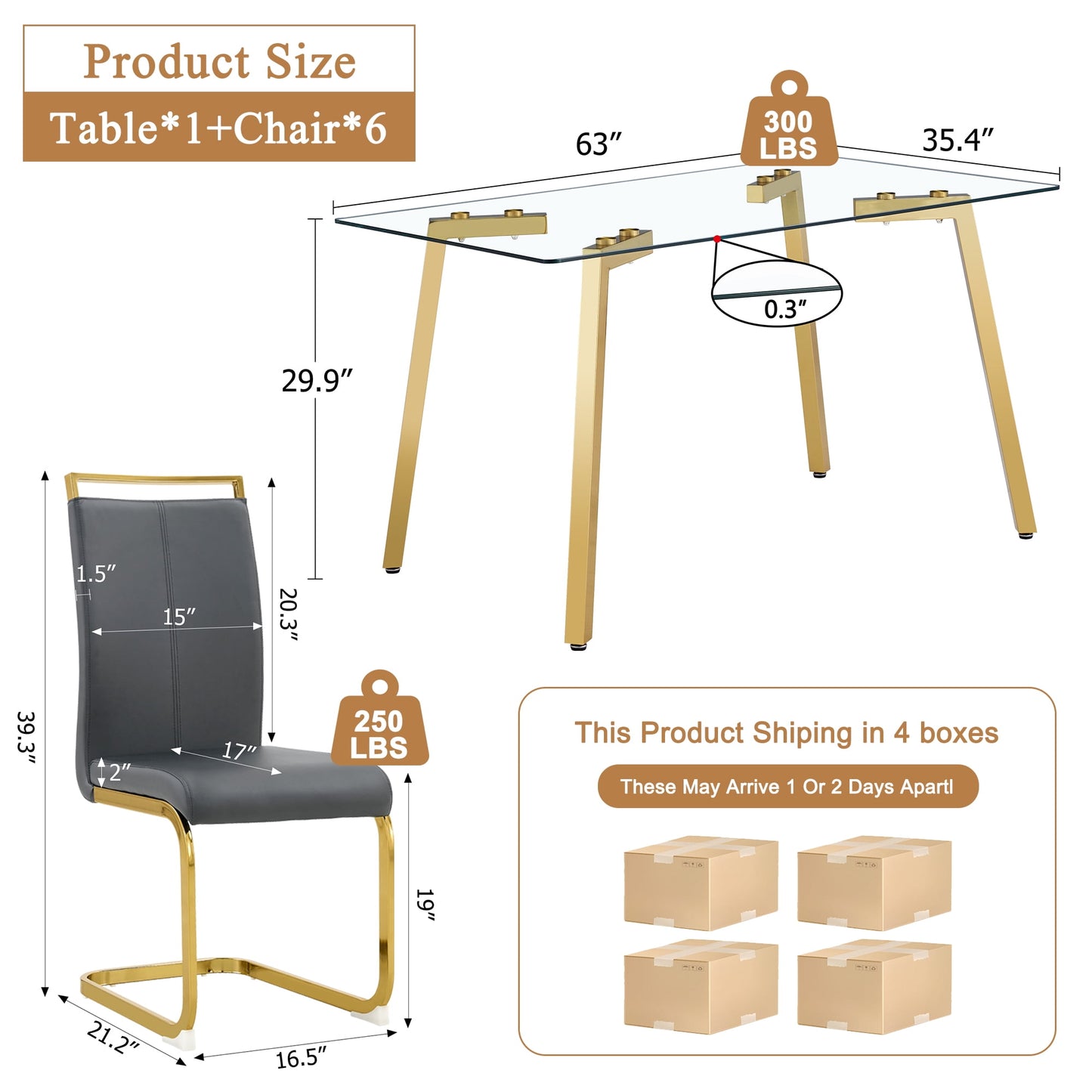 63" Large Glass Dining Table Set for 6, Sudica Gold Legs Kitchen Table with Faux Leather Dining Chairs,Gray