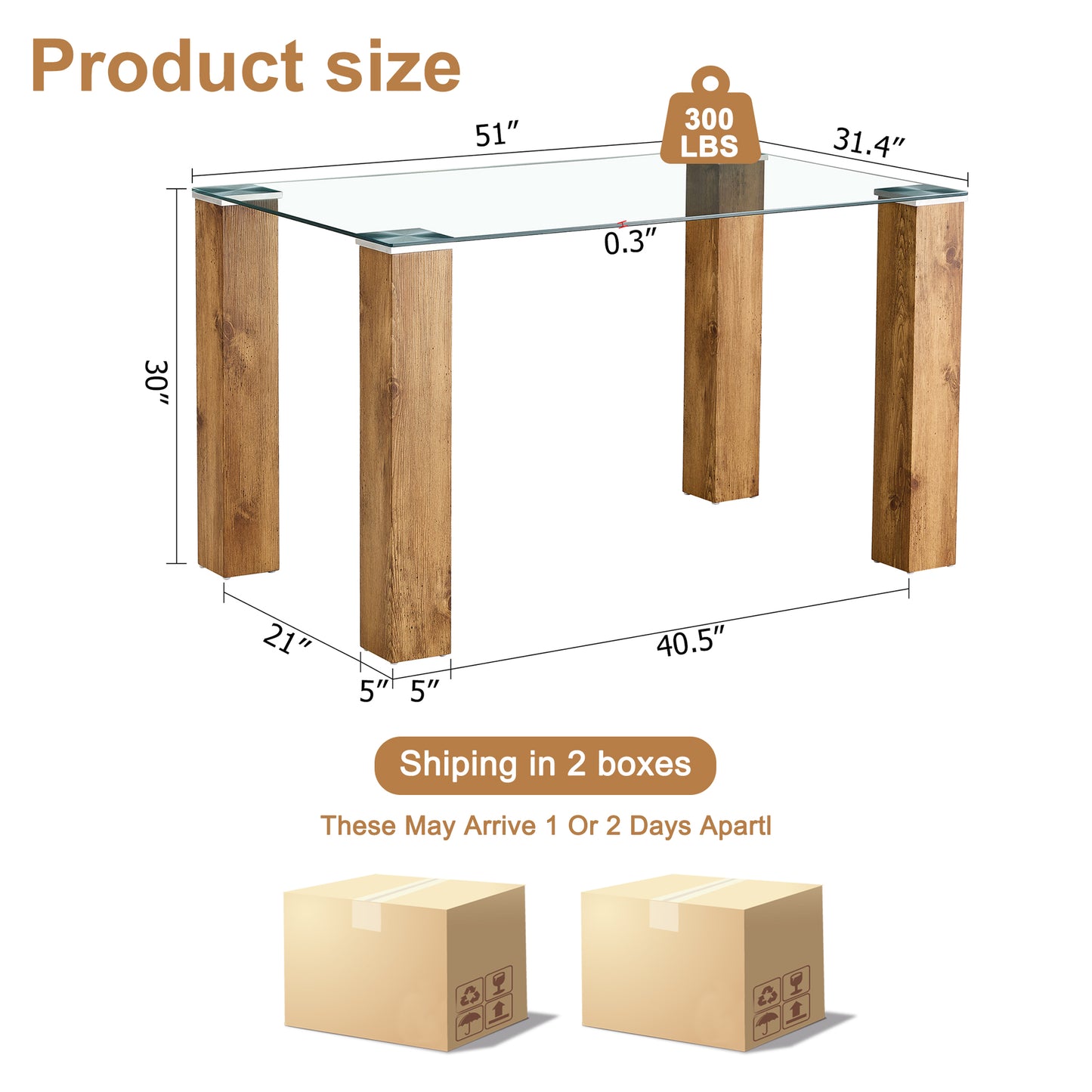 Sudica Glass Dining Table for 4, 51 inch Modern Rectangular Tempered Glass Kitchen Table with 4 Wood Legs