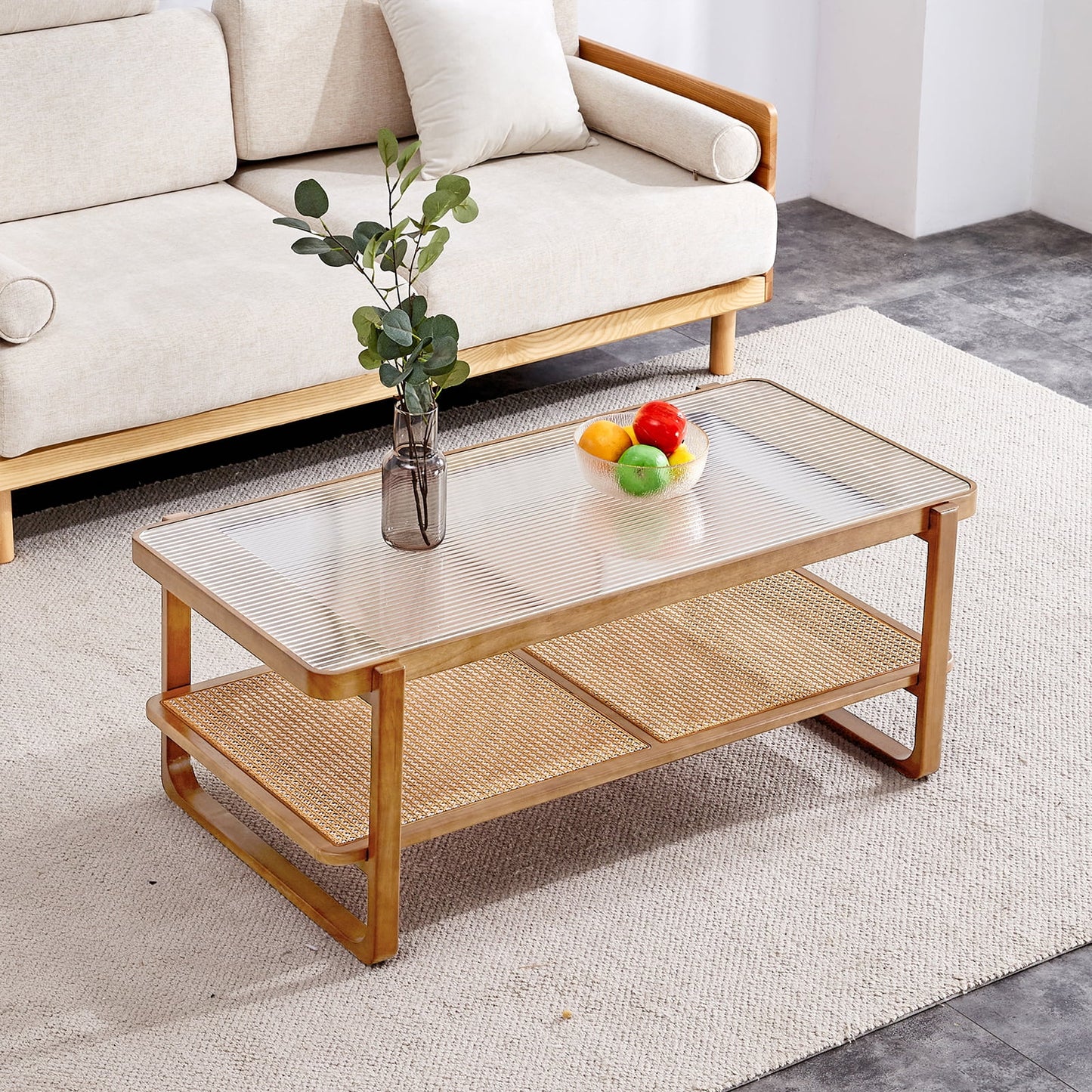 Sudica Rattan Coffee Table with Glass Top Wooden Rectangular Coffee Table with Storage Shelf