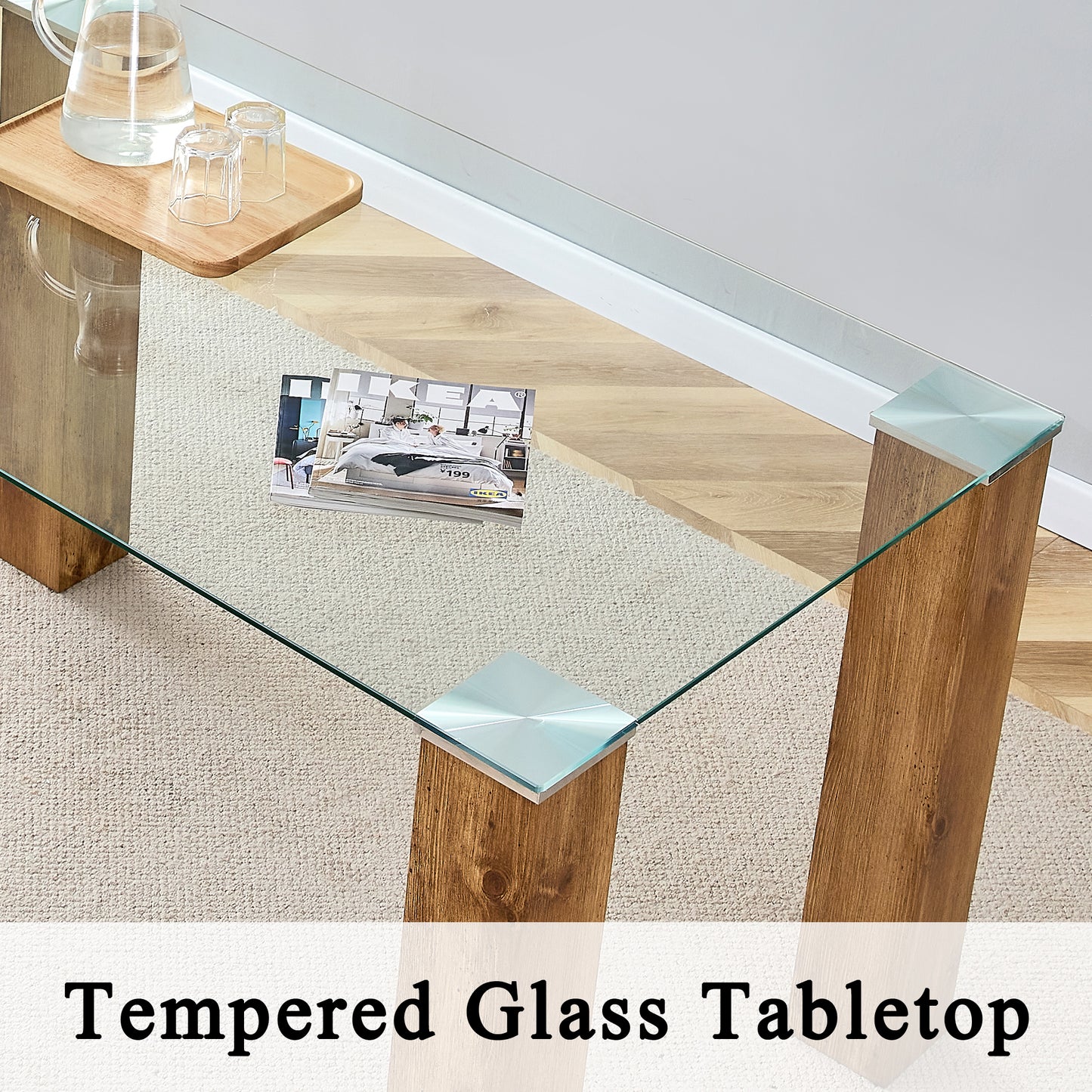 Sudica Glass Dining Table for 4, 51 inch Modern Rectangular Tempered Glass Kitchen Table with 4 Wood Legs