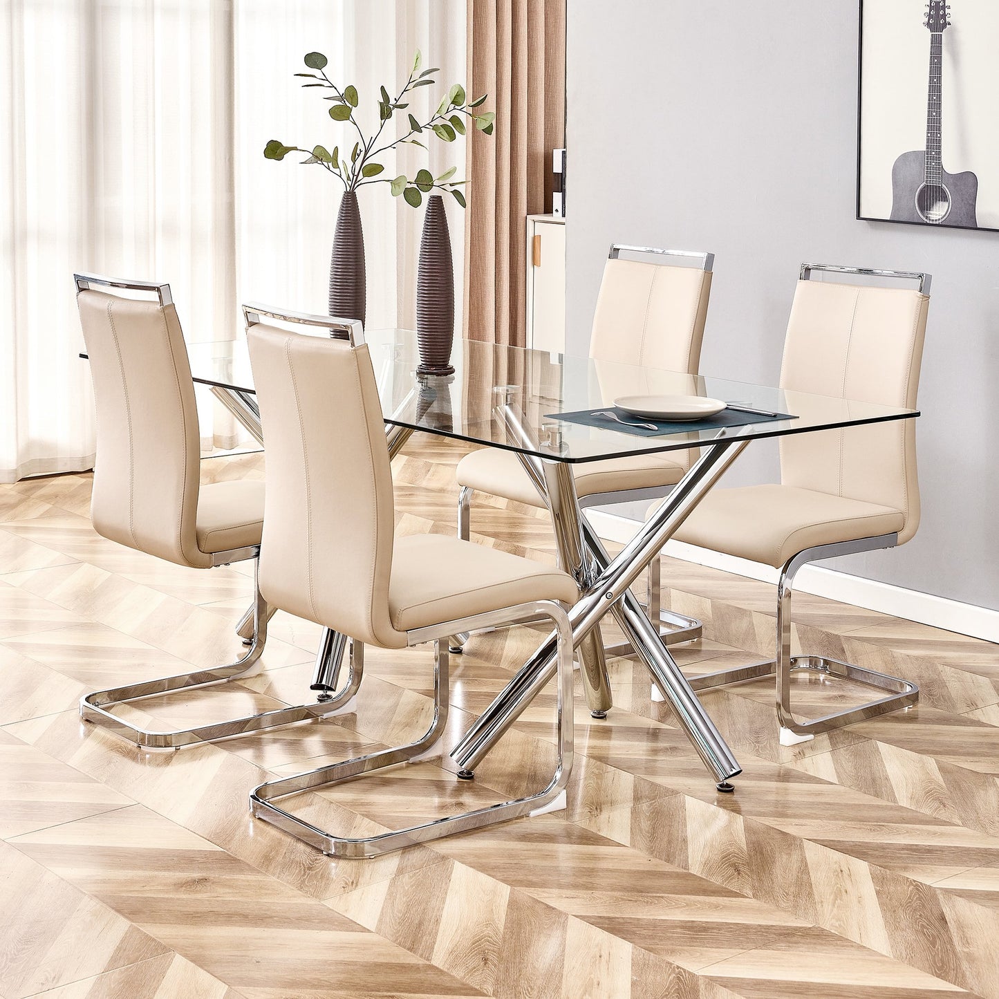 Modern Kitchen Dining Chair Set of 4 Upholstered PU Leather Dining Room Chairs with Metal Legs for Home, Beige