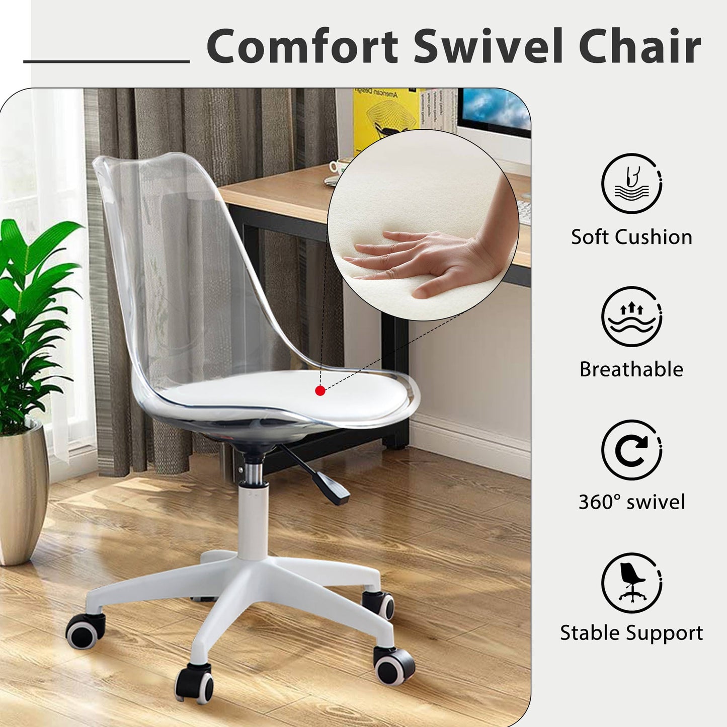 Sudica Acrylic Office Chair with PU Padded Seat Clear Rolling Desk Chair for Bedroom