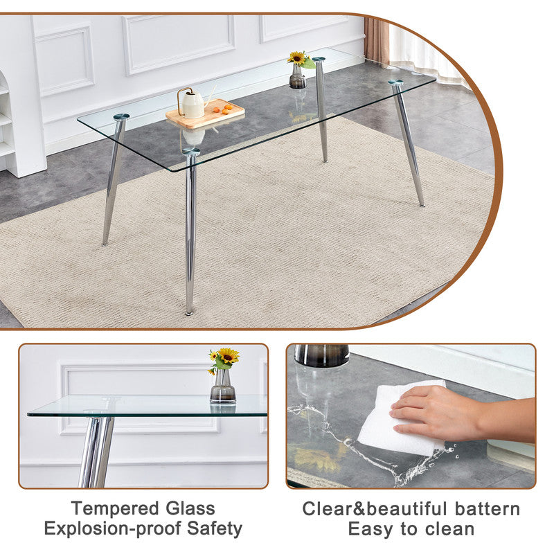 Tempered Glass Dining Table for 6, Sudica 71 inch Modern Rectangular Glass Kitchen Table with 4 Silver Plating Metal Legs