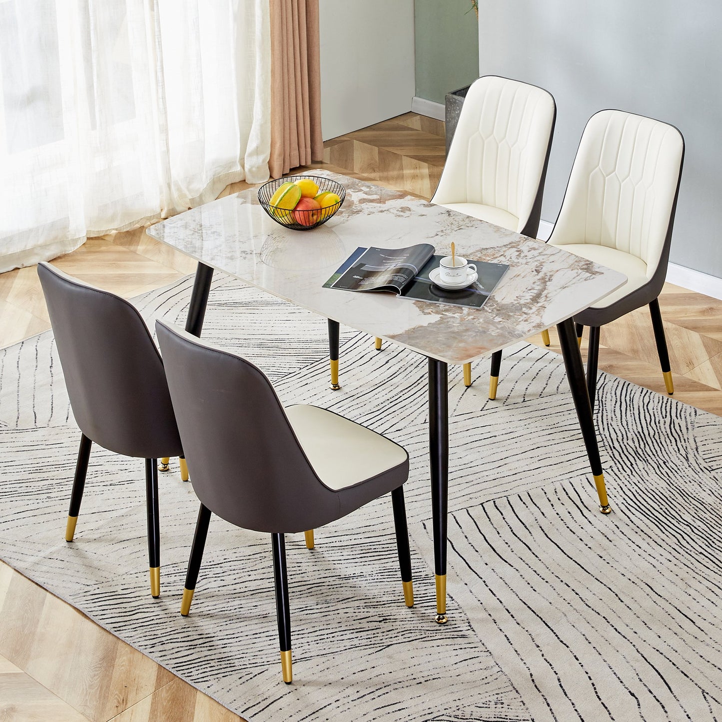 Sudica 5-Piece Dining Table Set,White Faux Marble Dining Tabletop with 4 Faux Leather Dining Room Chairs, Gray