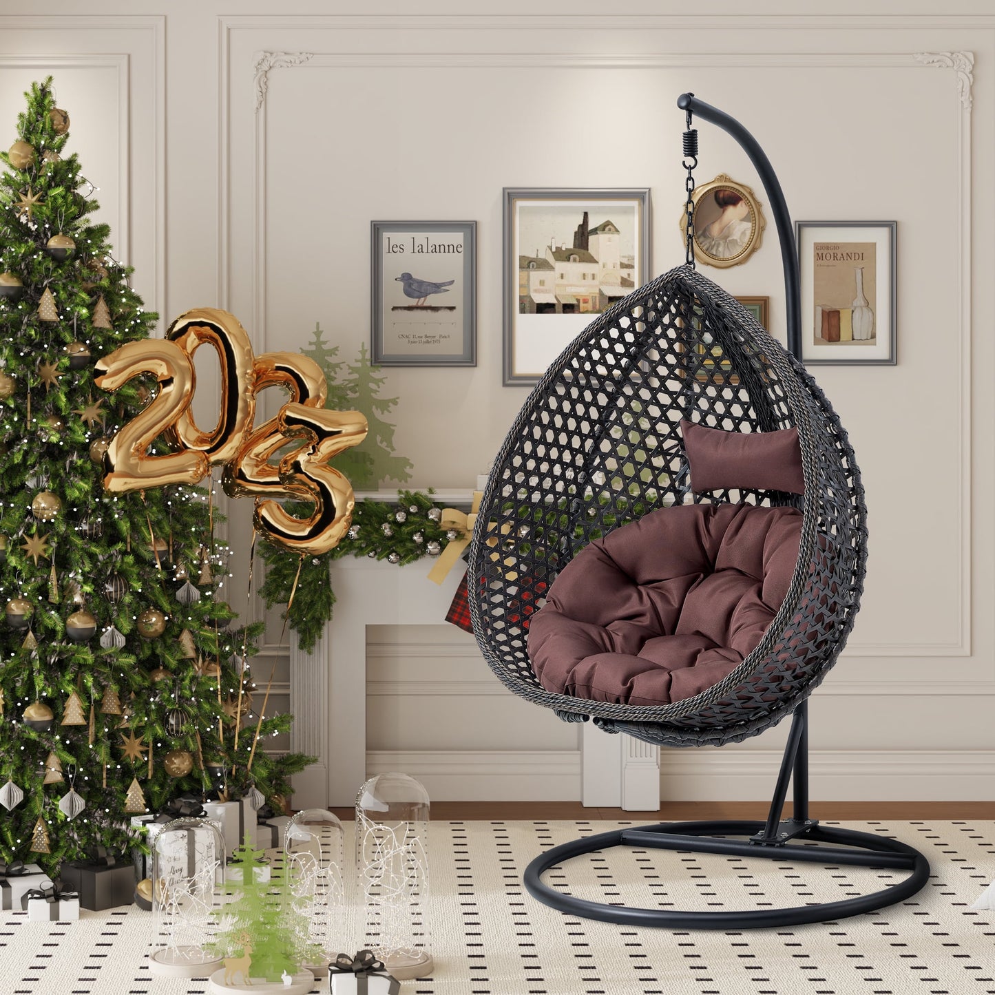 Sudica Egg Swing Chair with Stand Patio Soft Cushion Rattan Wicker Hanging Egg Chair for Bedroom, Garden 350lbs Capacity£¬ Black