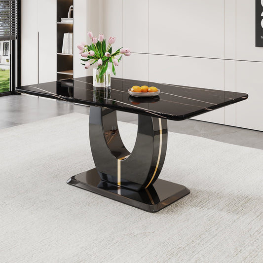 63" Marble Dining Table for 6 £¬Sudica Faux Marble Dining Room MDF Table with U-Shaped Bracket Support, Black