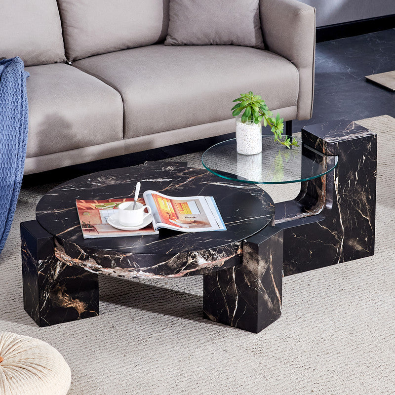 Sudica Detachable Double-decker Coffee Table，30 inch Round Tea Table with Black Faux Marble Base,Center Table for Living Room